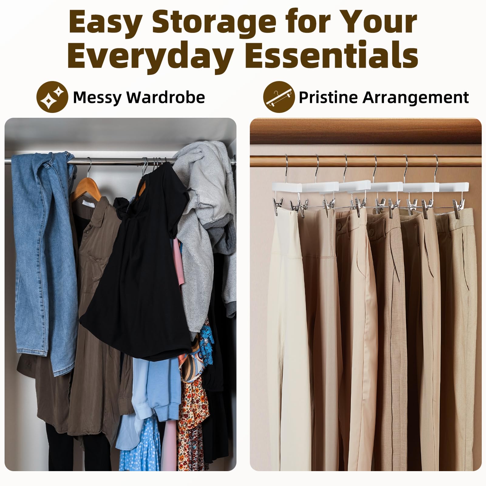 Premium Wooden Pants Hangers 25 Pack - Heavy Duty Adjustable Clips, Anti-Slip Wood Bottom for Slacks, Jeans & Trousers - Ideal for Closet Organization & Wardrobe Storage (White)