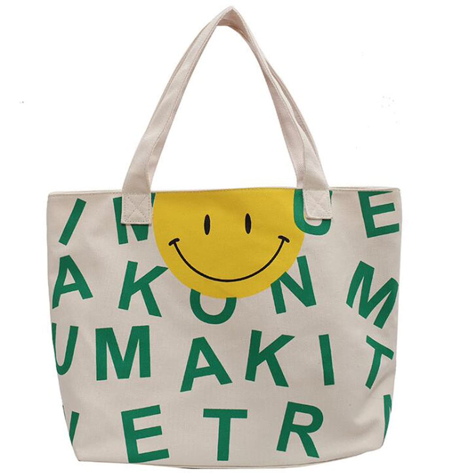 Large Canvas Tote Bag for Women - Spacious Single Shoulder Shopper with Alphabet Smile Face Design - Perfect for Beach, Holiday, Shopping & Everyday Use