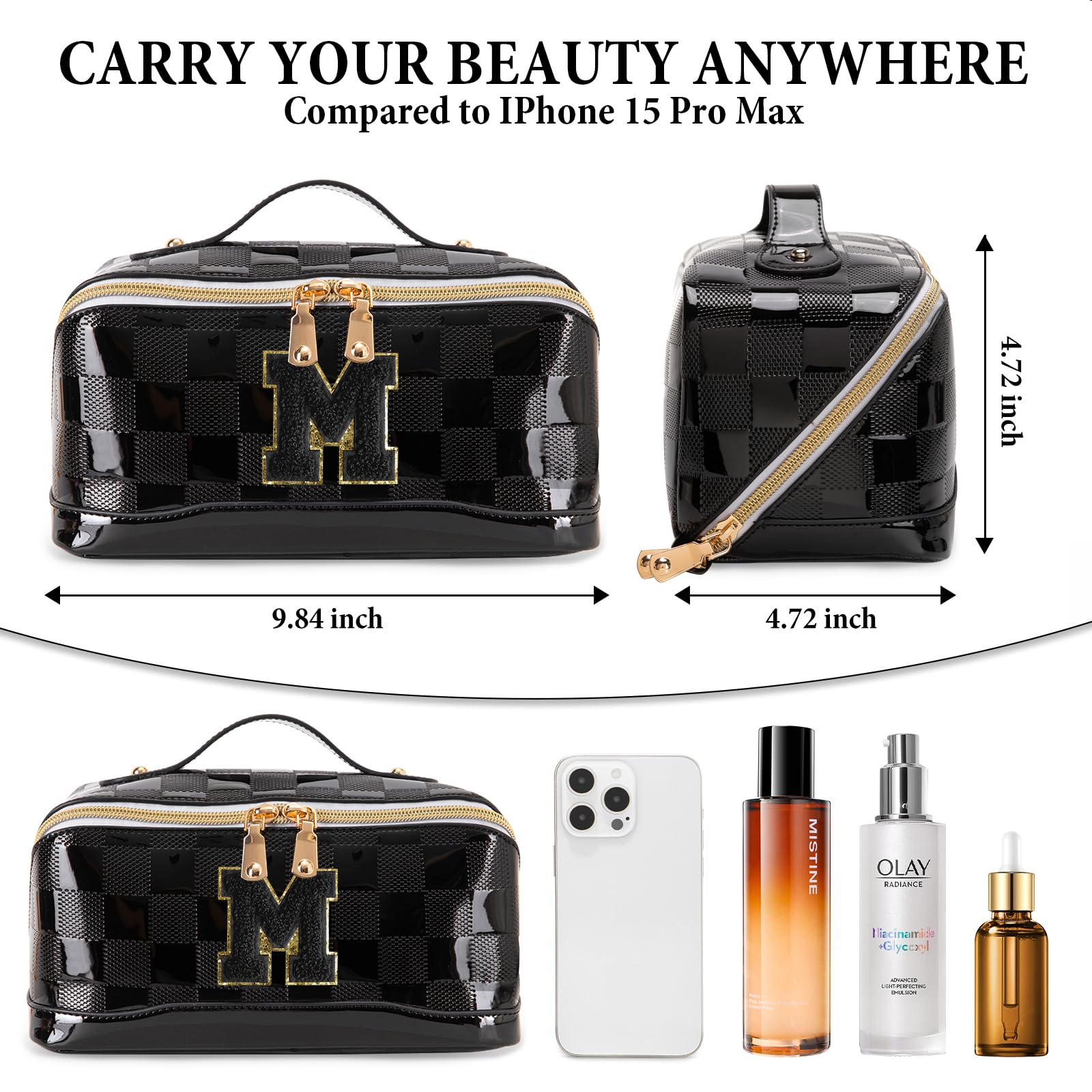 Large Capacity PU Leather Makeup Bag for Women - Travel Cosmetic Organizer with Handle & Divider, Open Flat Toiletry Bag - Perfect Gift for Her (Black, Medium) | Ideal for Travel, Gym, and Daily Beauty Storage