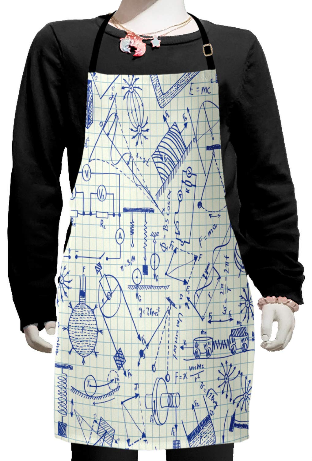 Ambesonne Physics Apron - Technical Formula & Drawings Design on Grid Paper, Adjustable Bib Apron for Baking, Painting, Cooking & Science Labs - Small Size Ivory Indigo - Perfect for Home Chefs, Artists & STEM Enthusiasts