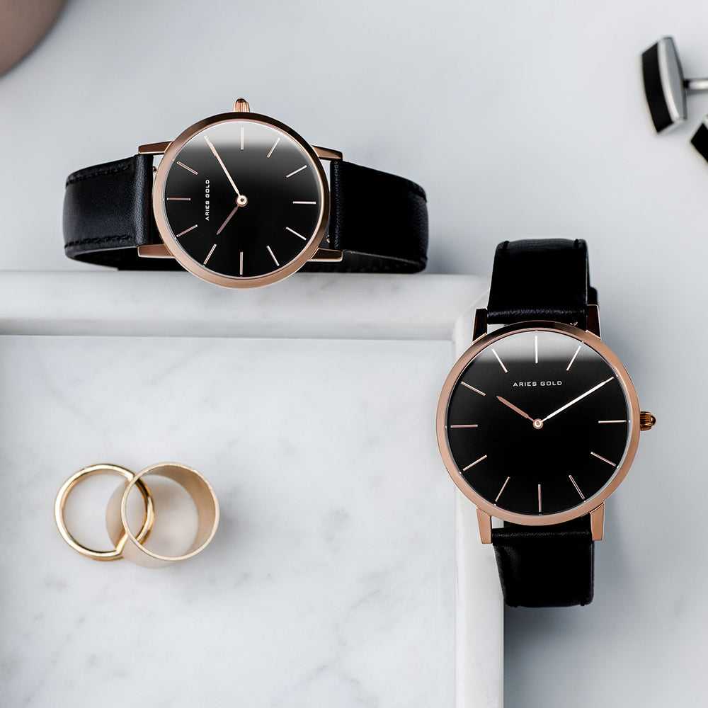 ARIES GOLD Urban Santos Rose Gold Stainless Steel Women's Watch with Black Leather Strap - Elegant Dress Watch for Women, Perfect for Office, Party & Everyday Wear