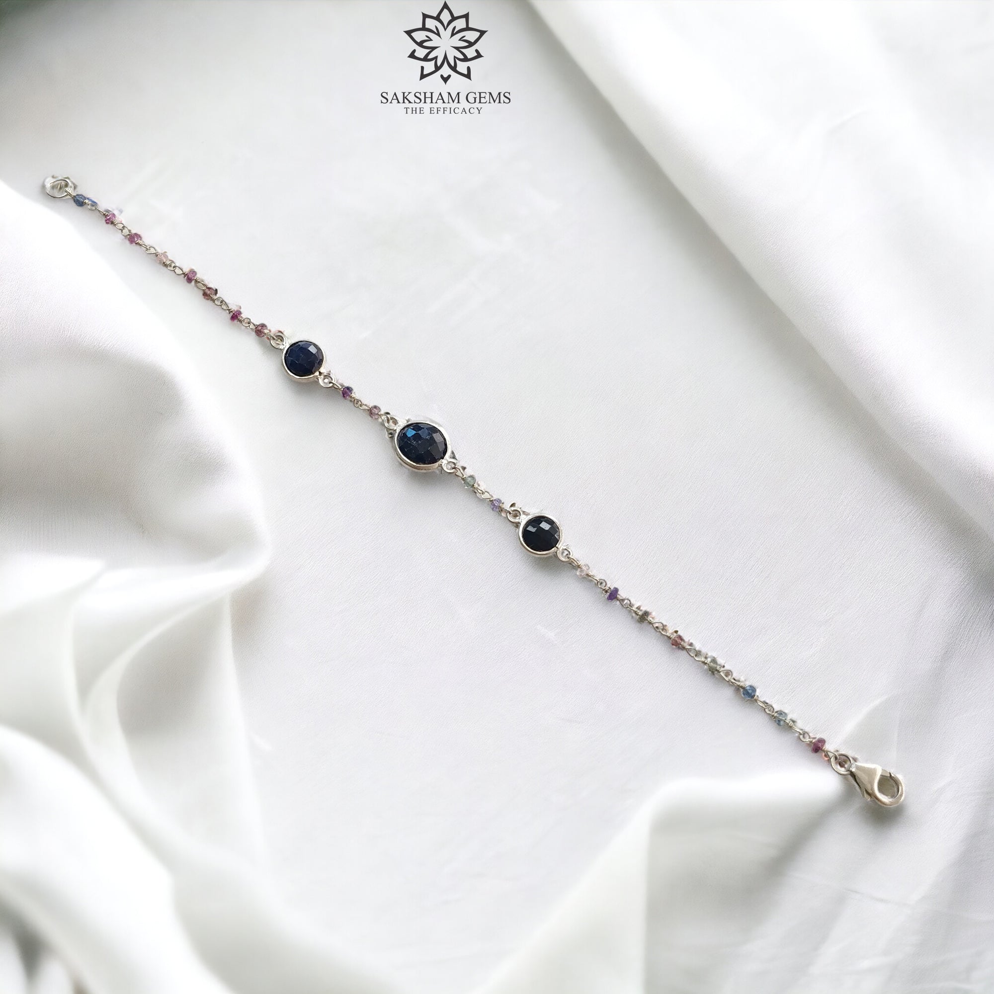 925 Sterling Silver Bracelet with 3.84g Natural Blue Sapphire Gemstone - Round Checker Cut Briolette Bezel Set Chain Bracelet 7.5 Inches - Elegant Jewelry for Women, Perfect for Weddings, Parties & Special Occasions