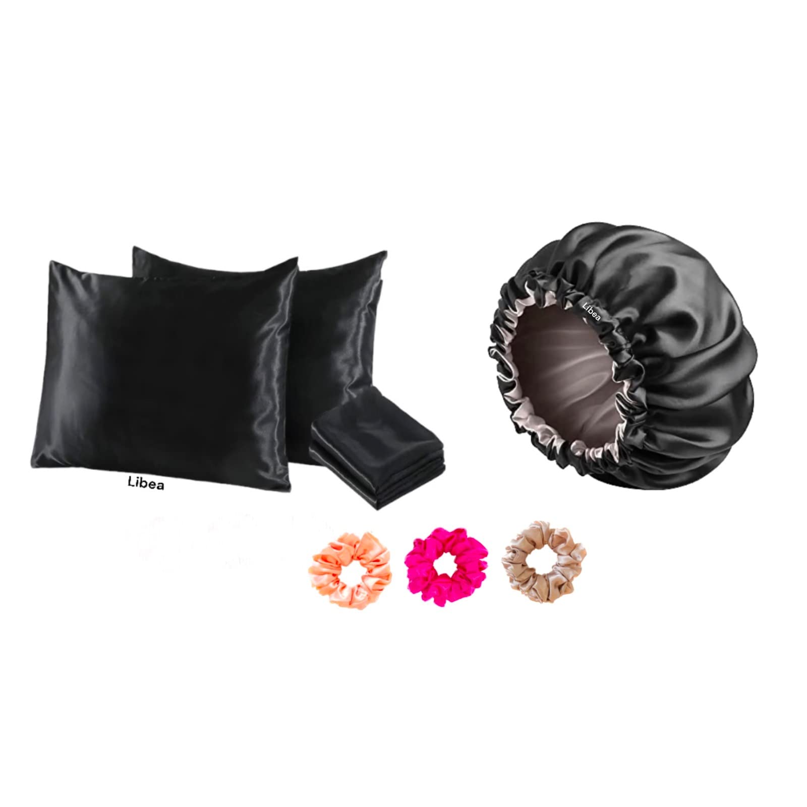 Libea Satin Bonnet for Curly Hair & Silk Pillowcase Set with Scrunchies | Silk Hair Bonnet for Night Protection | 2 Satin Pillowcases + 3 Silk Hair Ties | Perfect for Natural Hair Care & Bedtime Routine
