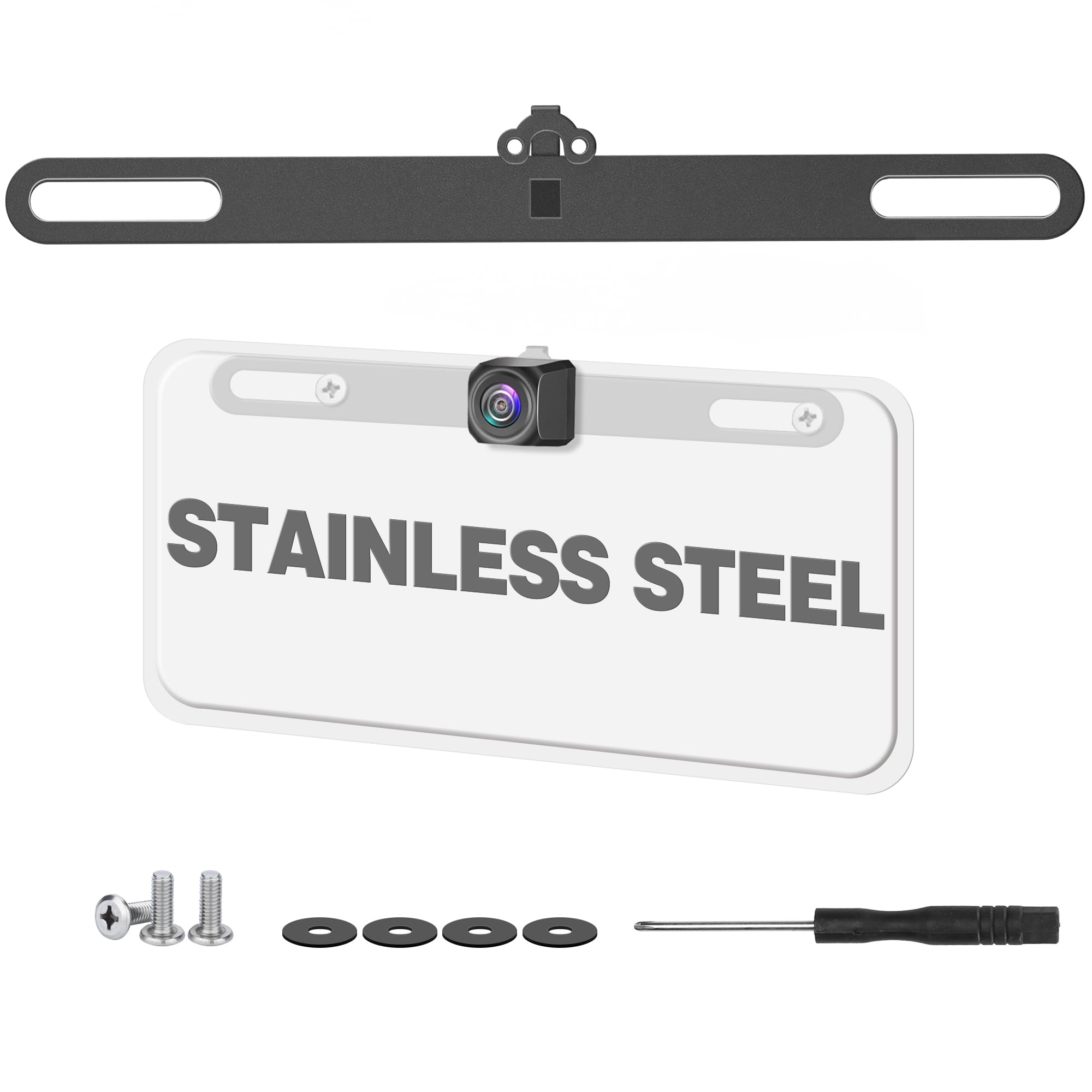 Pixelman Universal Stainless Steel Backup Camera License Plate Mount - Compatible with Mirror Cam, Dash Cam & Rear View Cameras - Durable & Easy Installation for Cars, Trucks, SUVs - Perfect for Parking Assistance & Safety Monitoring