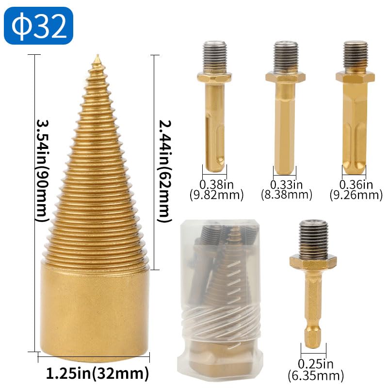 5pcs Heavy Duty Log Splitter Drill Bits - Removable Cones for Kindling Wood Splitting, Hex/Square/Round Shank (32mm/1.26inch & 42mm/1.65inch) - Perfect for Firewood Preparation & Camping