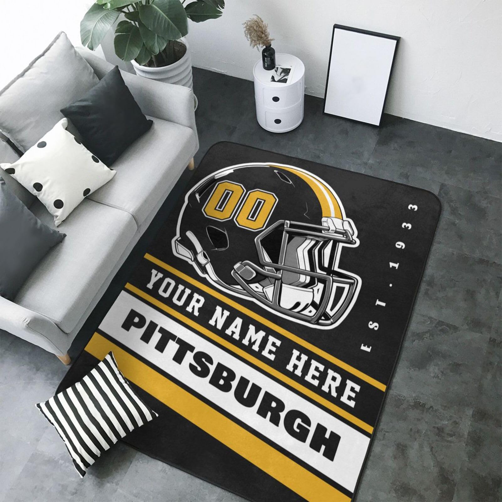 Custom Pittsburgh Football Rug - Personalized Name & Number Area Rugs for Bedroom - Unique Sports Fan Gift for Men & Women - Perfect for Game Room Decor, Man Cave, or Fan-Themed Bedroom