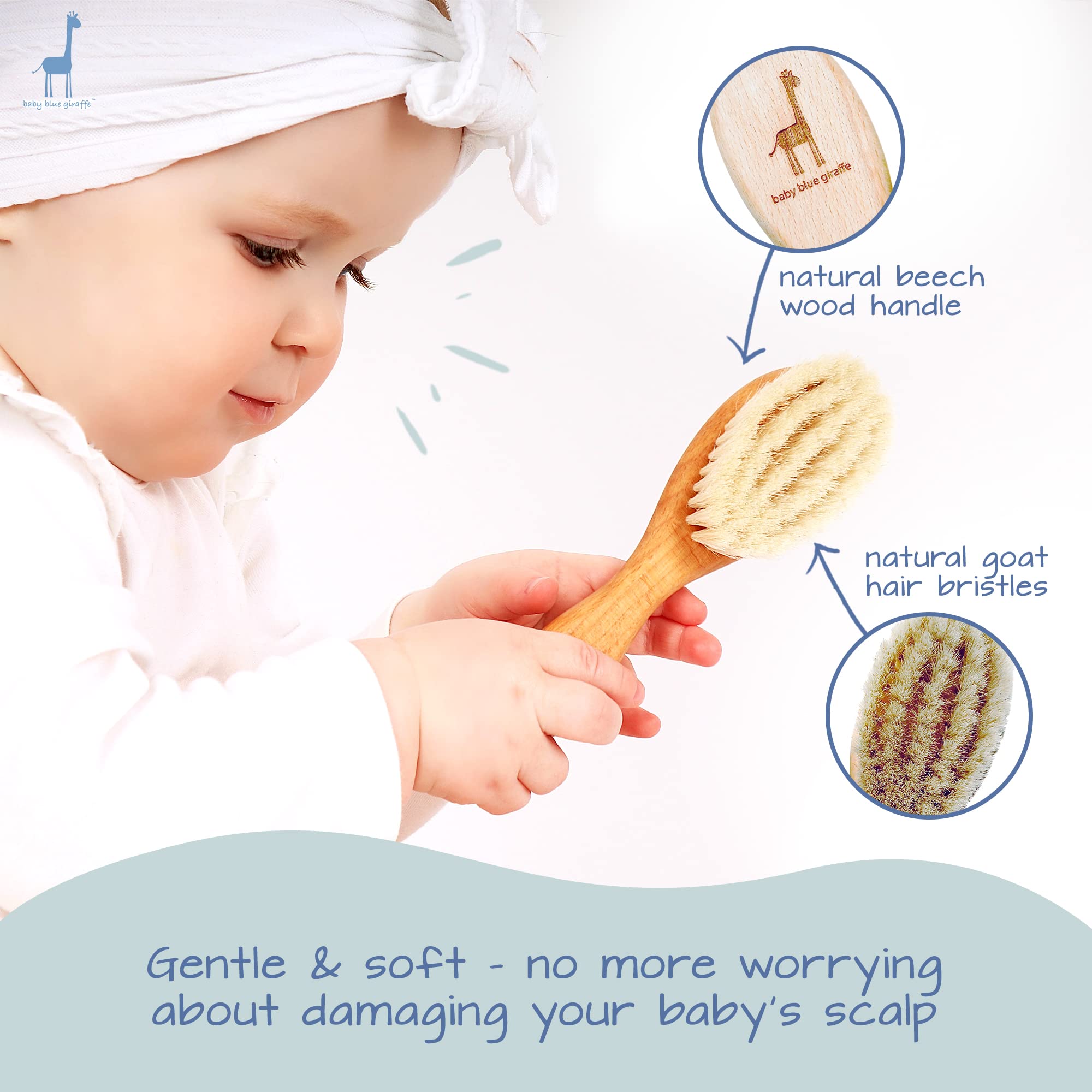 Super Soft Baby Hair Brush with Natural Goat Hair & Beech Wood - Gentle Newborn Grooming Kit, Essential Baby Shower Gift (Baby Blue Giraffe) - Perfect for Daily Hair Care & Sensitive Scalps
