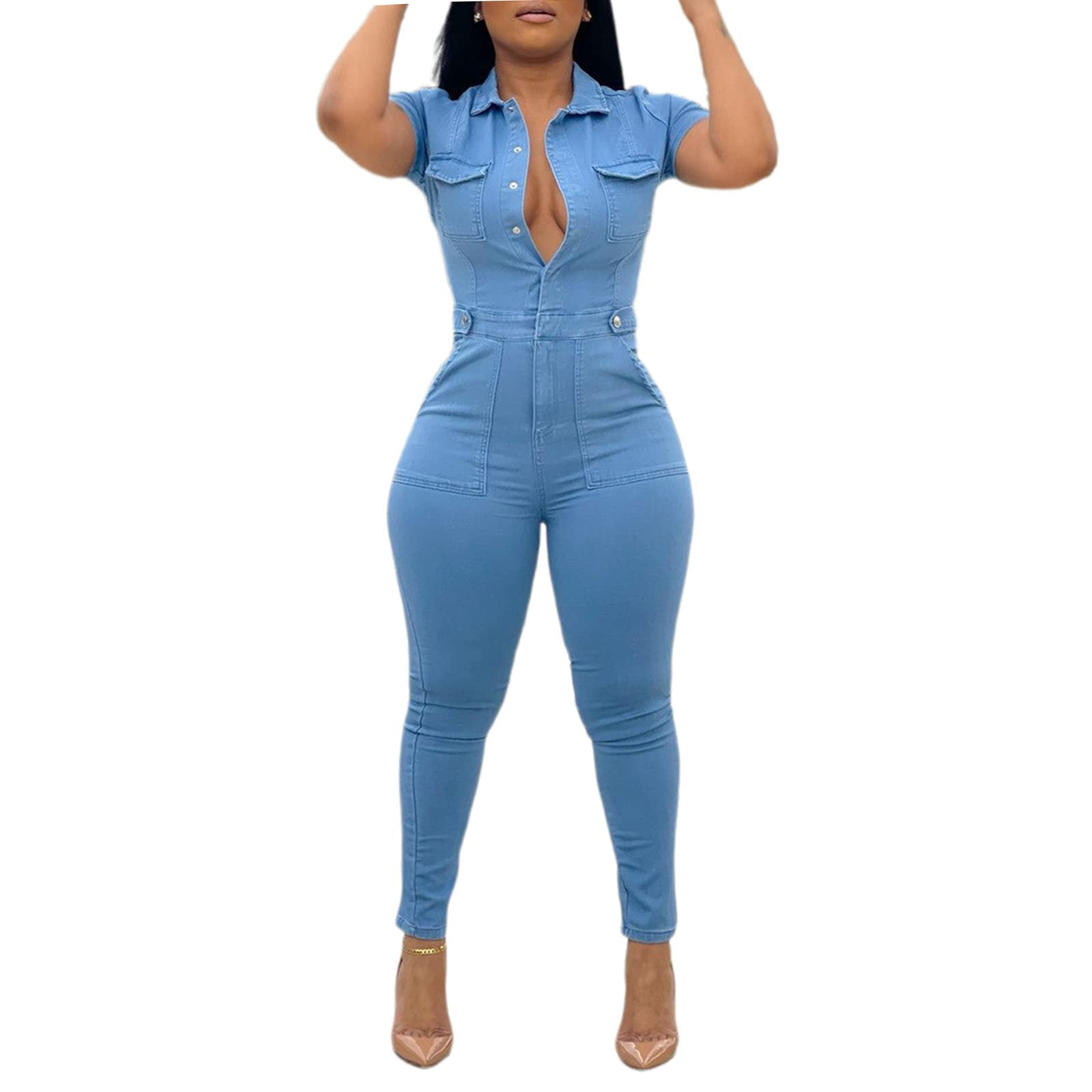 Women's Slim Fit Distressed Denim Jumpsuit - Short Sleeve Button Down Jean Romper for Casual Outings & Summer Fashion | Perfect for Street Style, Date Nights & Weekend Wear