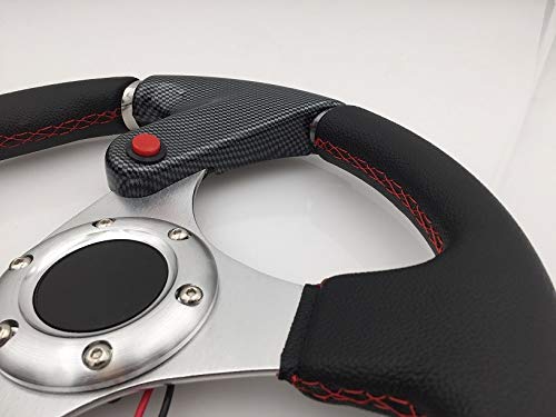 Universal 6-Bolt 320mm Black PVC Leather Steering Wheel with Red Stitching & Carbon Fiber Style - Compatible with Racing & Custom Cars - Includes NOS Nitrous Button & Blank Horn for Enhanced Performance & Style