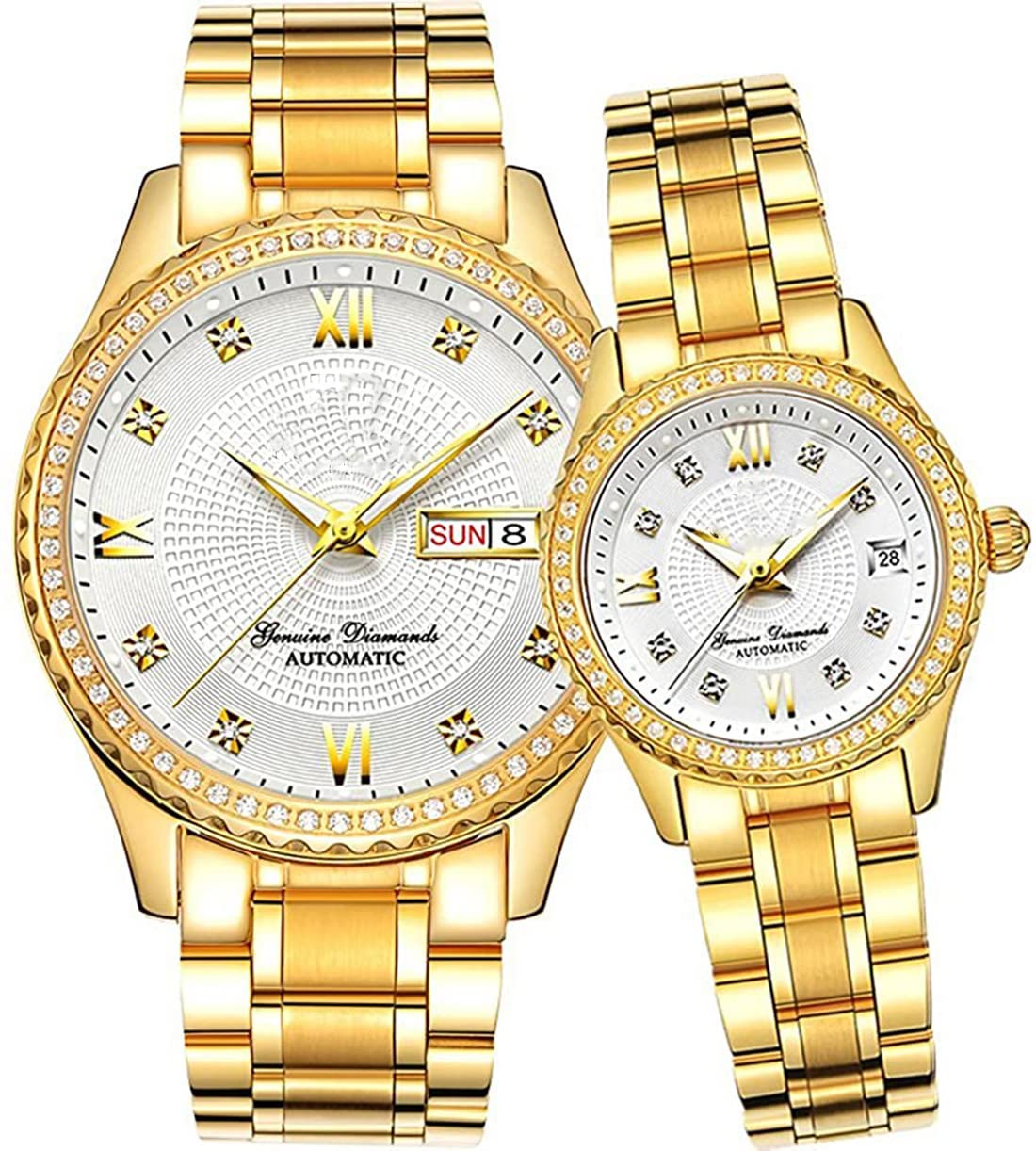 Luxury Automatic Self-Wind Couple Watches Set - Stainless Steel His & Hers Matching Calendar Date Watch for Men & Women | Perfect Anniversary, Wedding, and Valentine's Day Gift for Couples