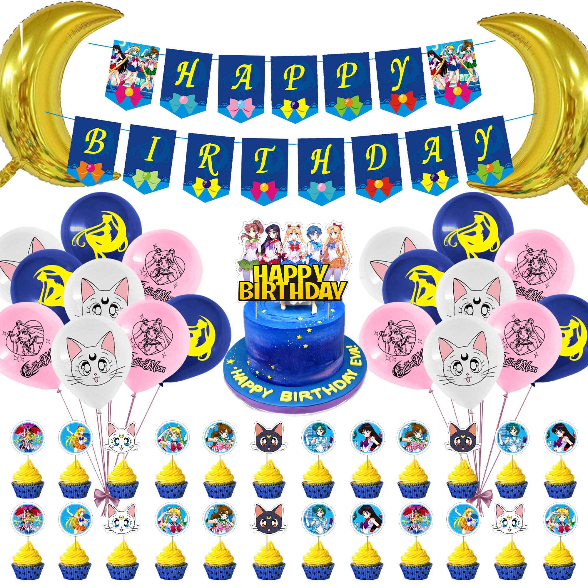 46 Pcs Moon Girl Sailor Theme Birthday Party Decorations Set - Happy Birthday Banner, Garland, Cupcake Toppers & Foil Balloons for Kids Birthday Party Decor | Perfect for Themed Parties, Baby Showers & Celebrations