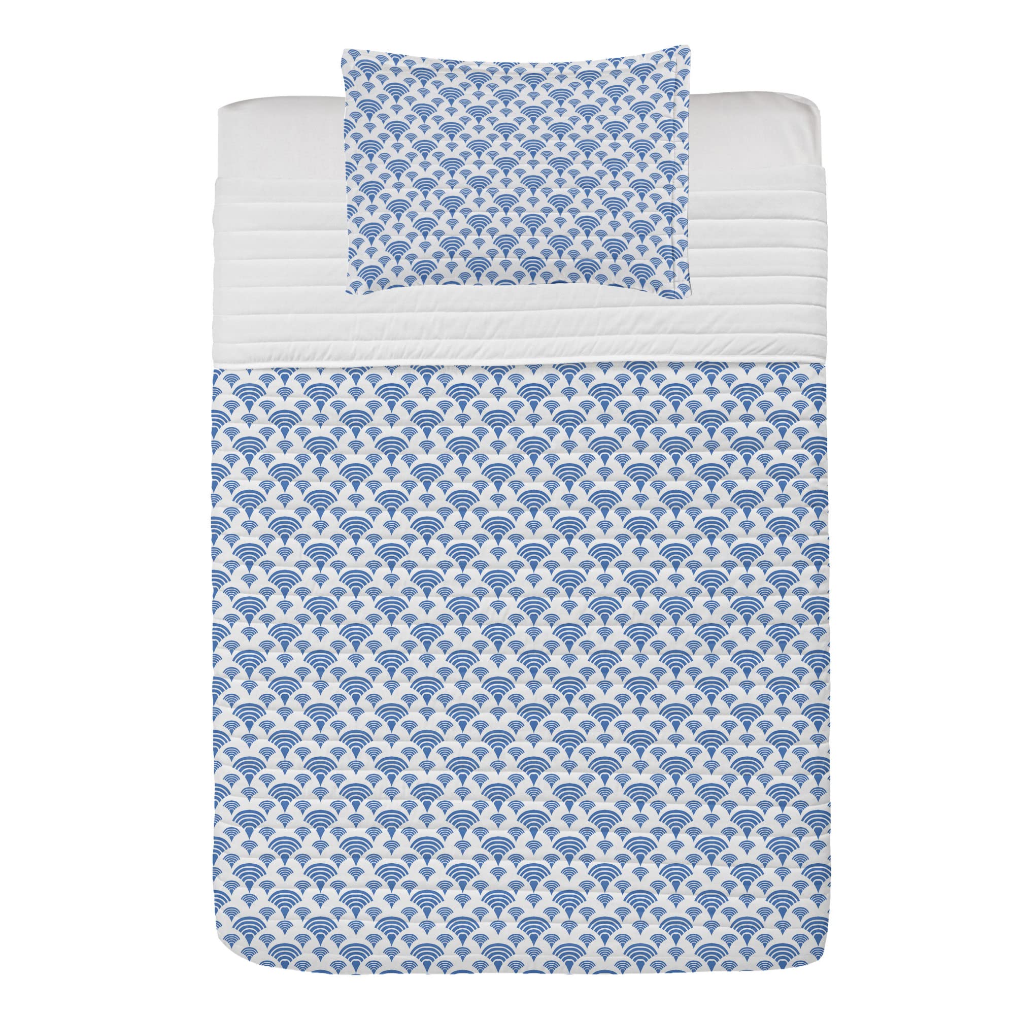 Ambesonne Abstract Microfiber Bedspread Set - Geometric Art Deco Pattern with Matching Pillow Sham & Comforter, Twin Size in White & Azure Blue | Soft Bedding for Modern Bedrooms & Guest Rooms