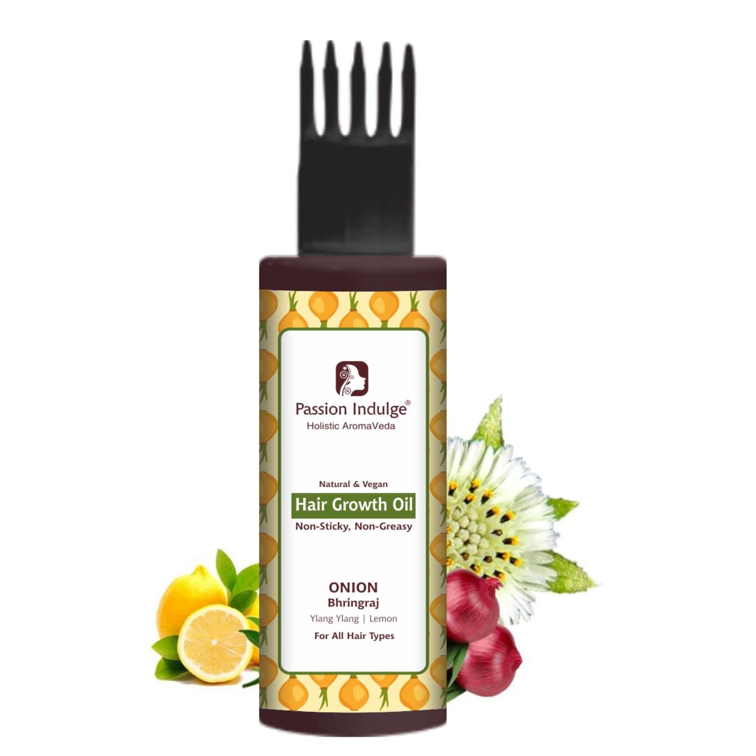 Passion Indulge Onion & Bhringraj Hair Growth Oil - 100ml | Non-Sticky, Non-Greasy Natural Vegan Formula with Bhringraj, Ylang Ylang, Onion & Lemon Extracts | Promotes Hair Growth for All Hair Types | Perfect for Daily Scalp Massage & Overnight Hair Treatment