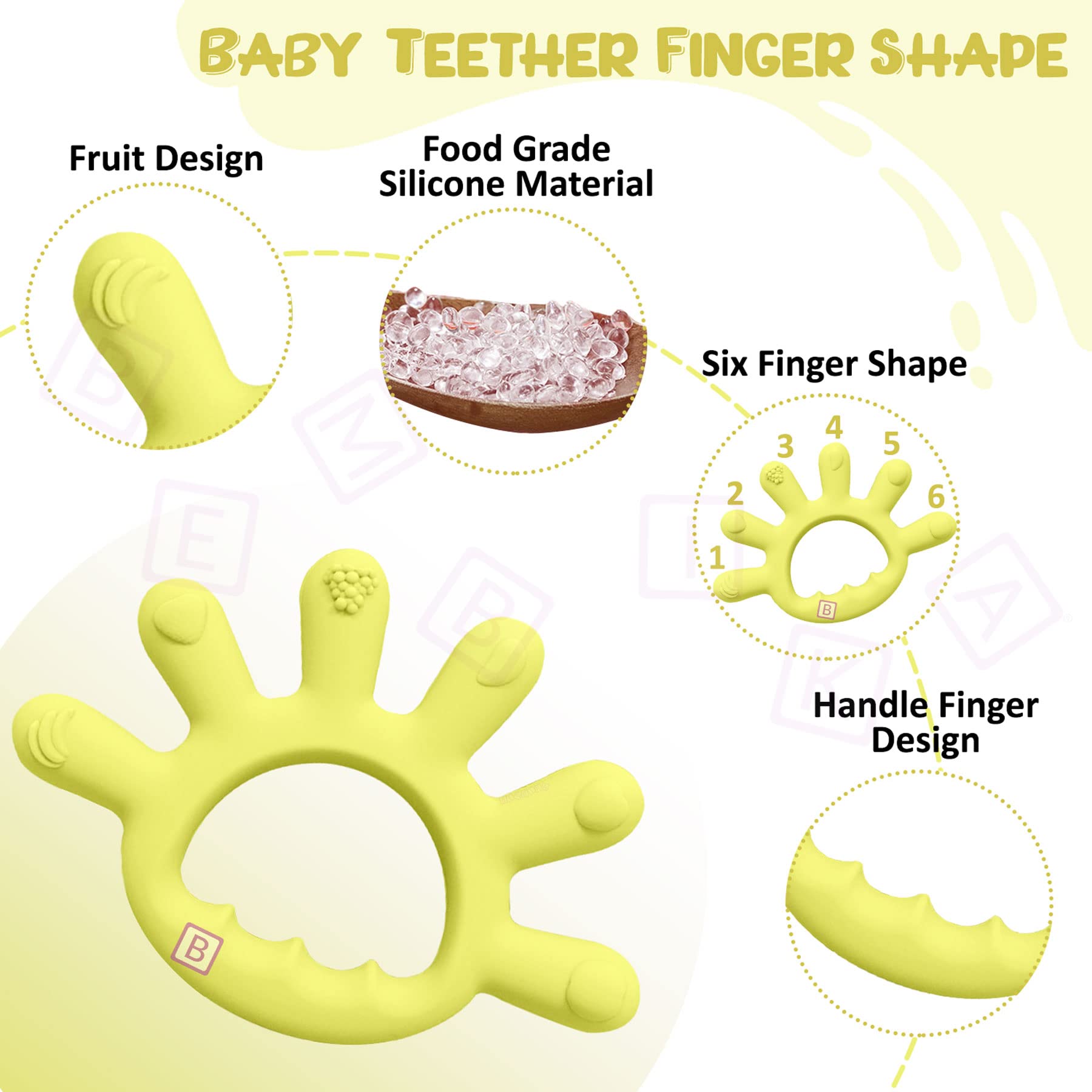 Bembika Baby Teething Toys - Finger Shape Silicone Teether, Chewable Keys & Toothbrush for Soothing Sore Gums (Yellow) - Perfect for Infants & Toddlers During Teething, Travel, and Playtime