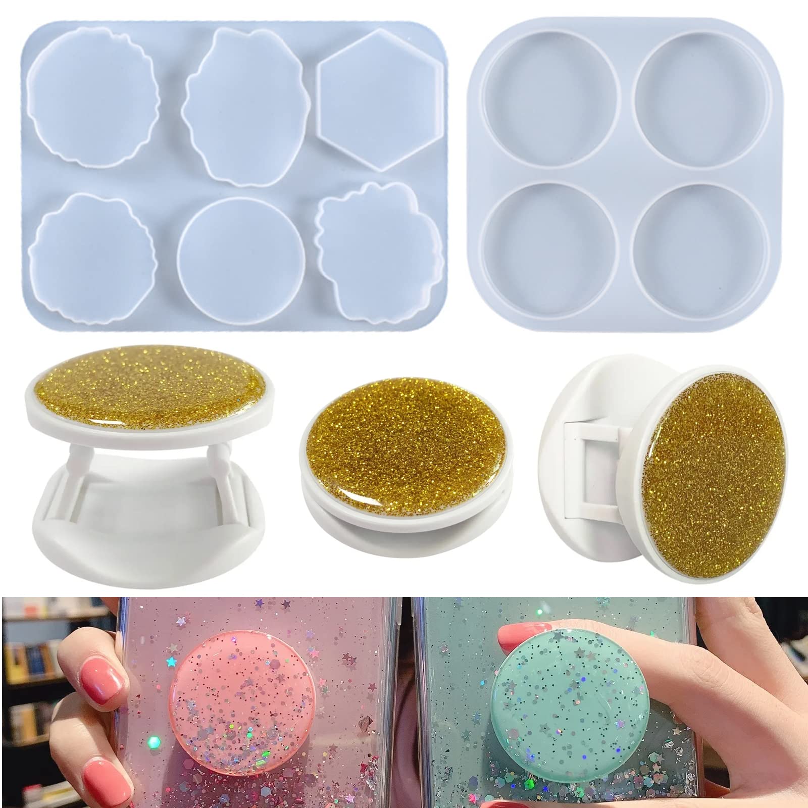 2 Pcs Phone Grip Resin Mold with 20 Pcs Blank Phone Socket Holders - DIY Epoxy Casting Kit for Phone Stand, Finger Grip & Holder - Perfect for Crafting Custom Phone Accessories at Home or Gifts