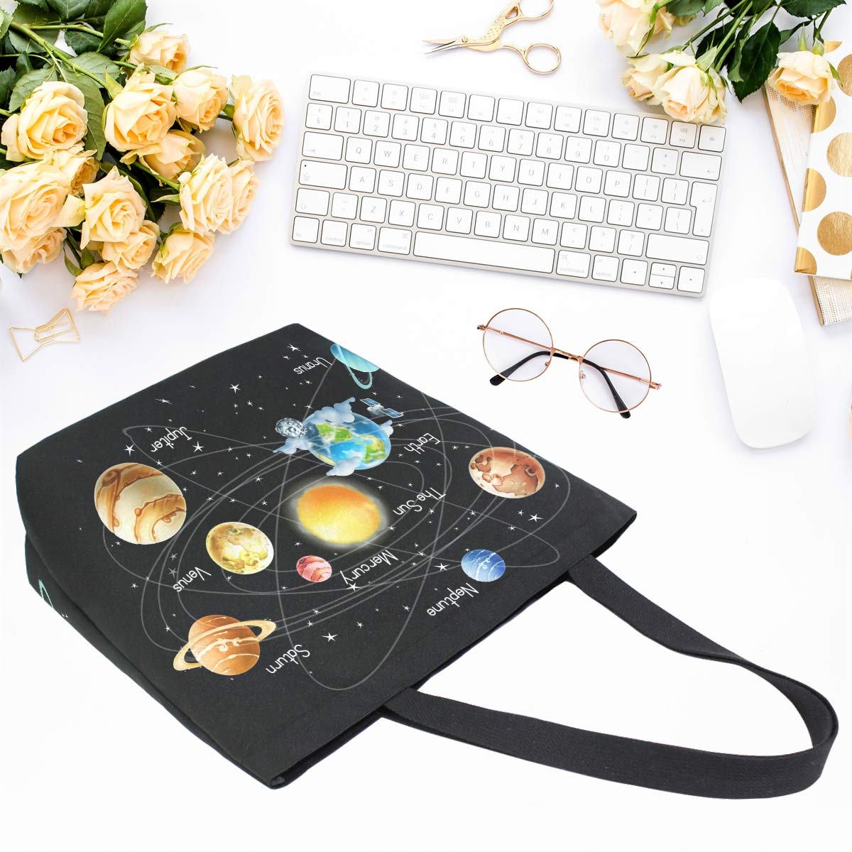 Outer Space Canvas Tote Bag for Women - Large Reusable Cotton Shopping Bag with Planet Design, Durable Multipurpose Grocery Tote for Outdoor, Travel & Daily Use