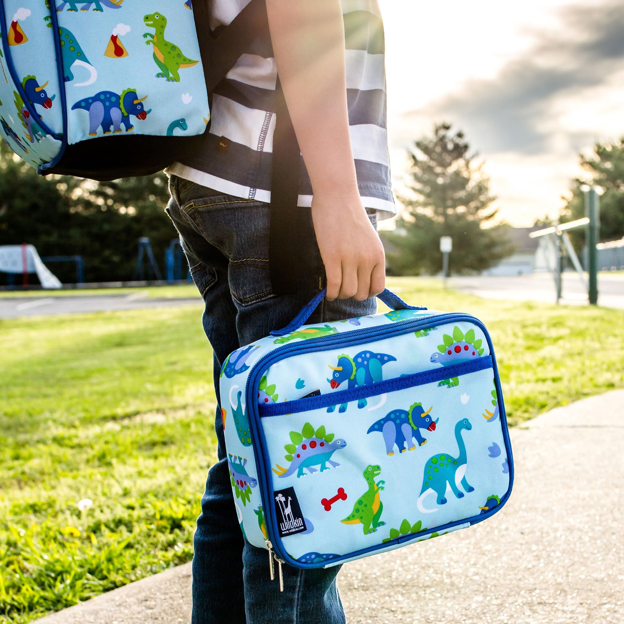 Wildkin 15 Inch Dinosaur Themed Kids Backpack Set with Matching Lunch Box - School Backpack for Boys & Girls, Perfect for Preschool, Kindergarten and Daycare Use