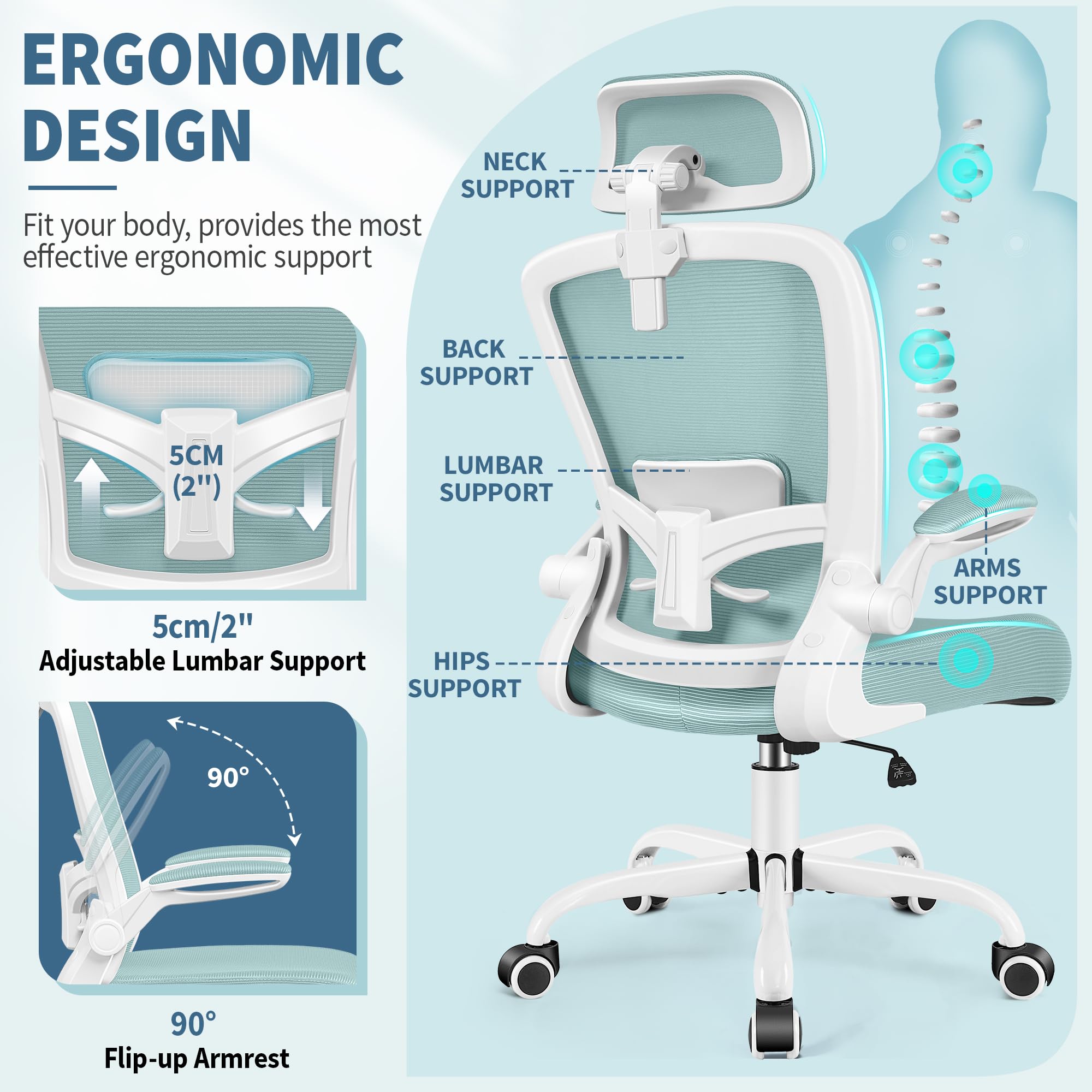 FelixKing Ergonomic Office Chair with Adjustable Lumbar Support & Headrest - High Back Swivel Task Chair for Home Office, Gaming & Work - Light Blue Adjustable Height Desk Chair with Armrests | Perfect for Long Work Hours, Online Meetings & PC Gaming Sessions
