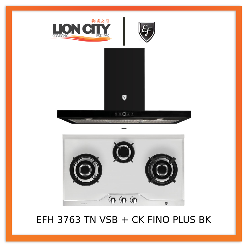 EF 90cm Chimney Range Hood CK FINO PLUS BK & EF EFH 3763 TN VSB 78cm Built-in Stainless Steel Gas Cooktop - Modern Kitchen Ventilation for Home Cooking & Professional Chefs