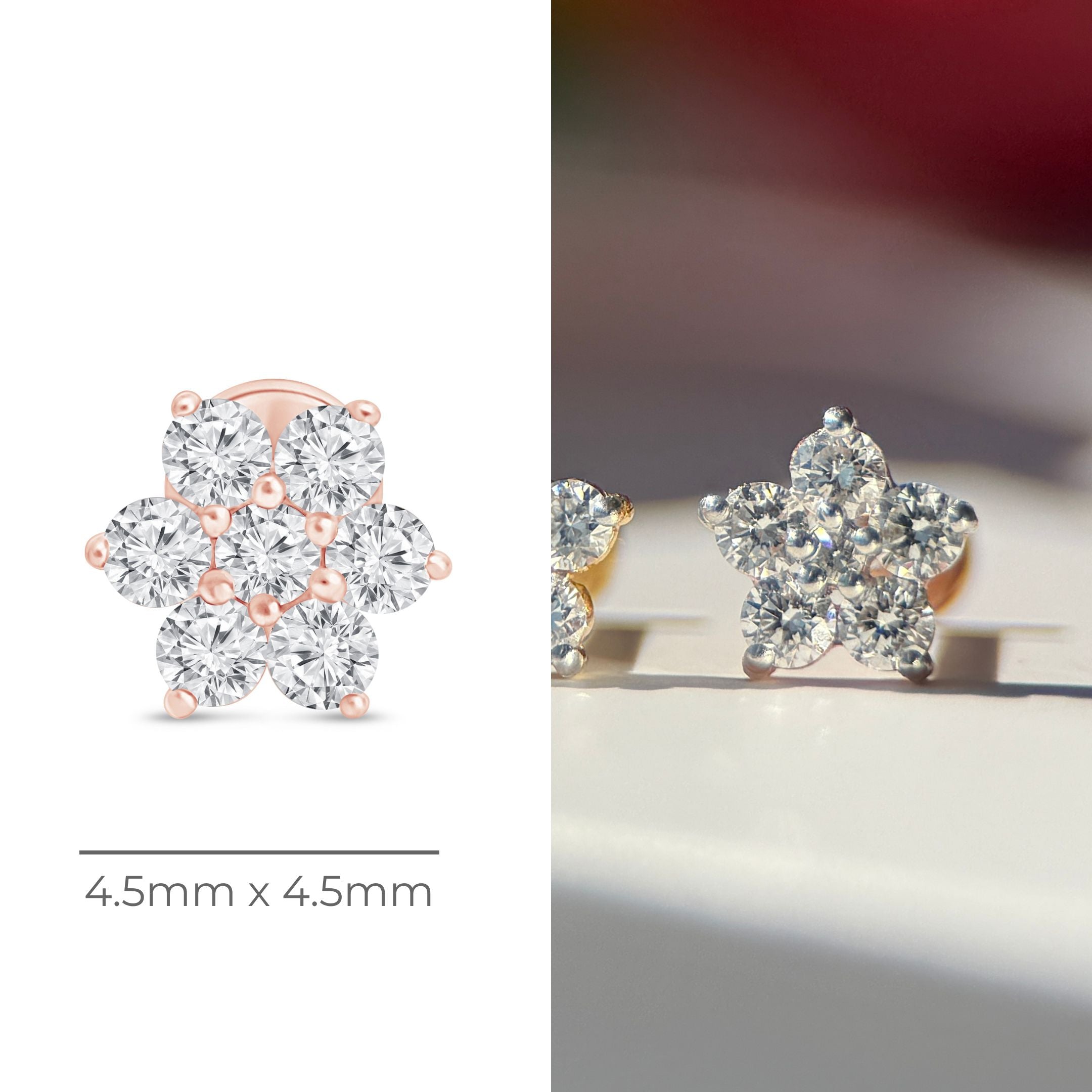 14k Rose Gold Seven Diamond Flower Stud Earrings - Dainty Floral Flat Back Earrings for Women, Perfect for Weddings, Parties & Everyday Elegance