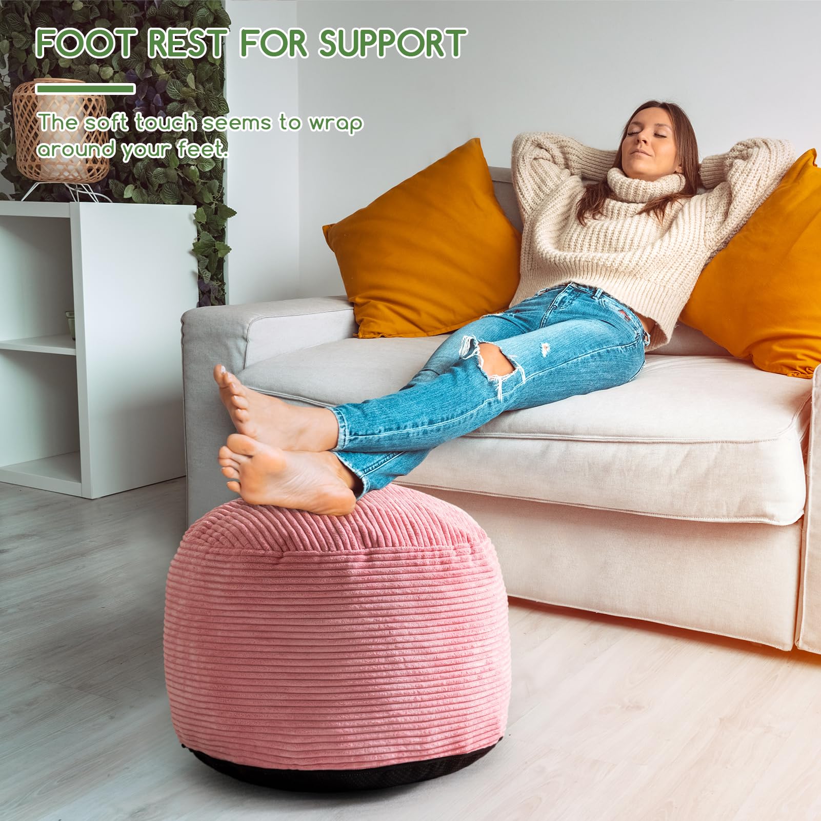 MAXYOYO Round Stuffed Pouf Ottoman - 20 x 15 Inch Corduroy Footrest with Foam Chunk Filling, Pink | Perfect for Living Room, Bedroom & Nursery Decor