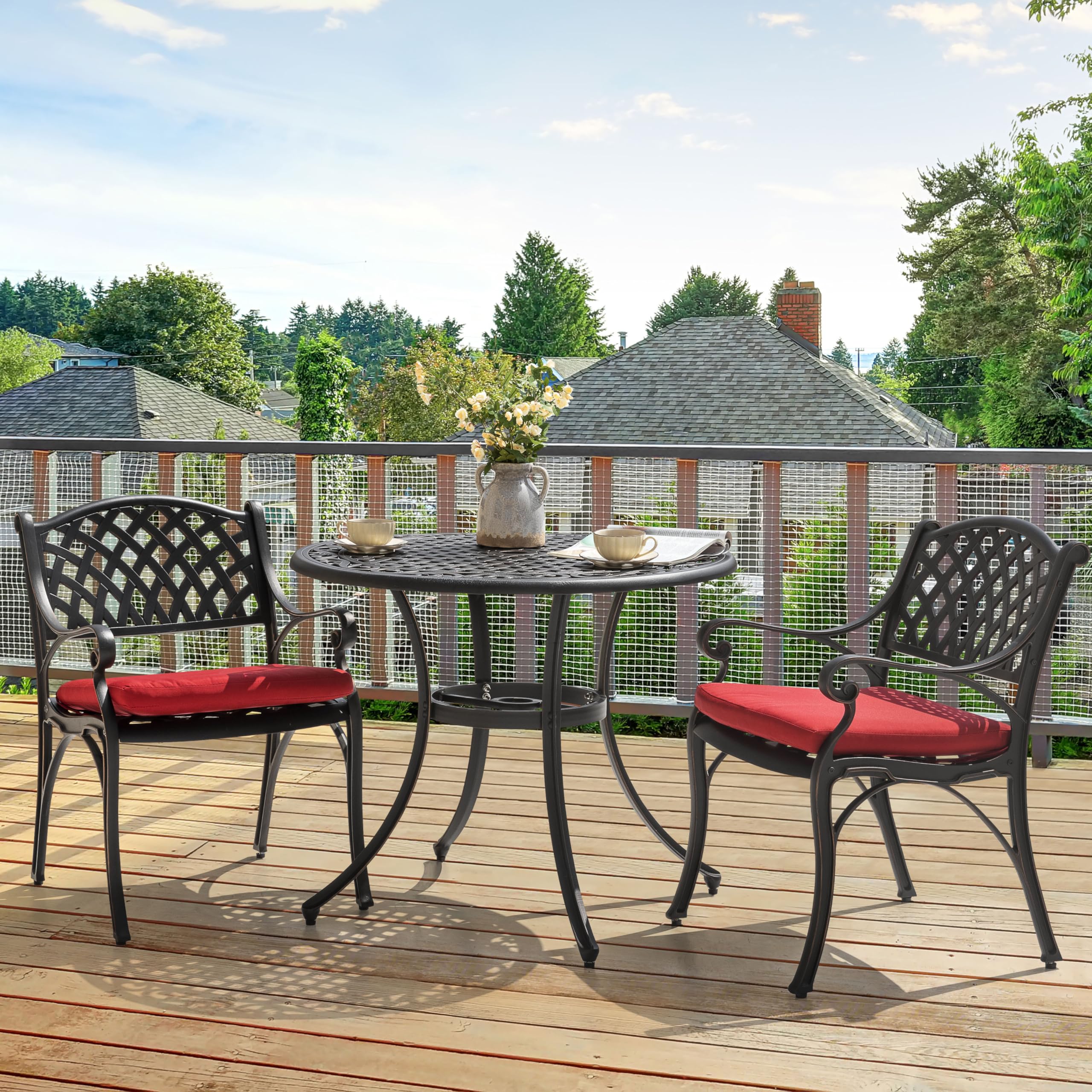 36 Inch Outdoor Patio Dining Table with Umbrella Hole - Durable Cast Aluminum Bistro Table in Black & Antique Bronze Finish - Perfect for Garden, Backyard, Poolside or Restaurant Outdoor Seating