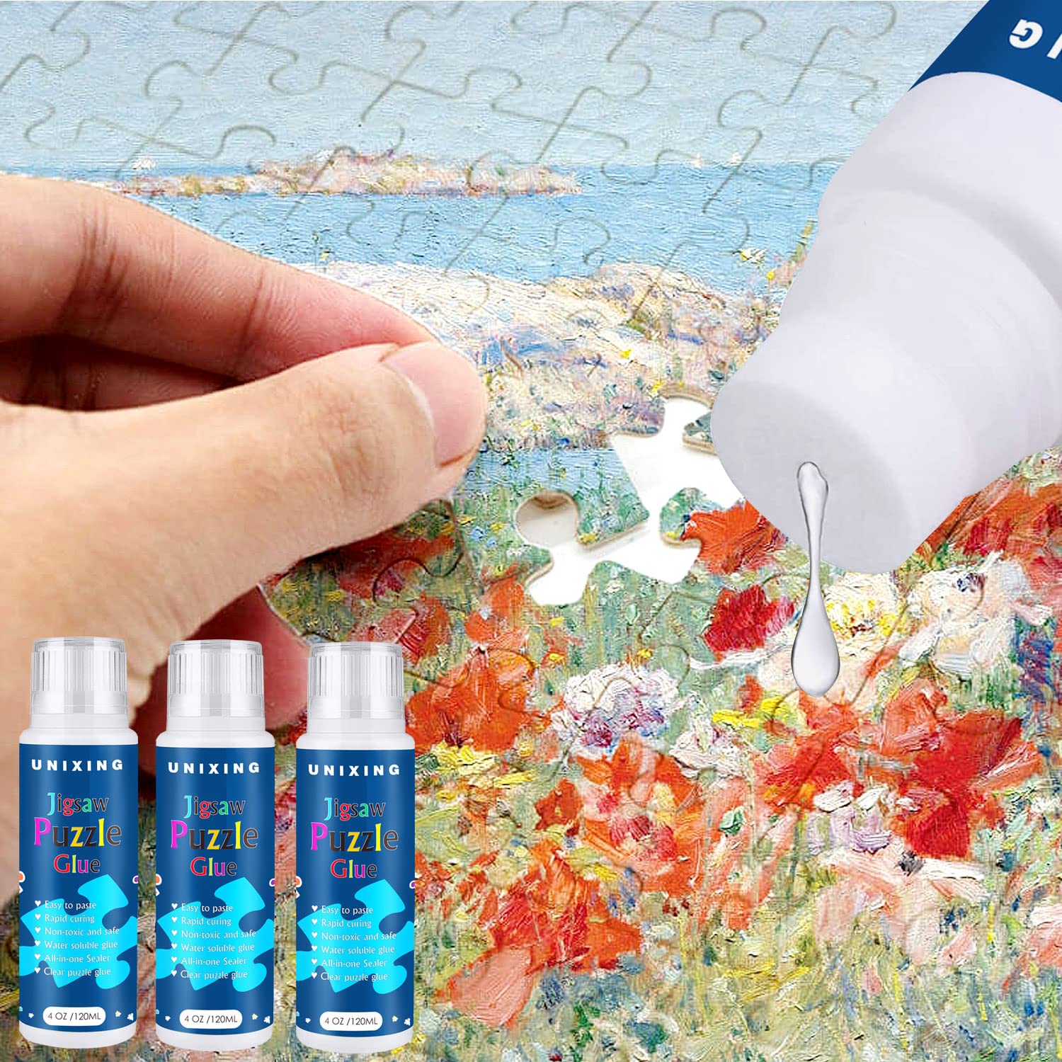 3PCS Clear Jigsaw Puzzle Glue with Sponge Head - Water Soluble Puzzle Adhesive & Protector for 3000/3500/5000 Piece Puzzles (3 Bottles X 120ML) - Perfect for Preserving and Framing Finished Puzzles as Home Decor or Gifts