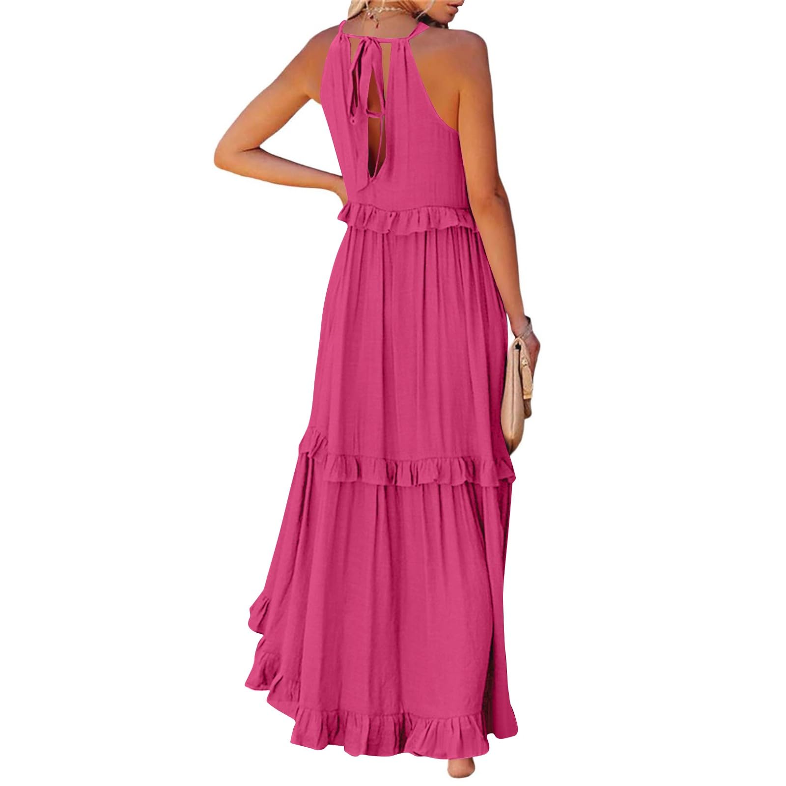 2024 Women's Summer Boho Halter Maxi Dress - Sleeveless Pleated Tiered Swing Dress for Wedding Guest, Beach Vacation & Casual Outings