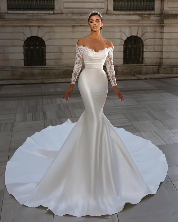 2025 Mermaid Wedding Dress with Lace Appliques & Detachable Train - Elegant Satin Bridal Gown for Beach Weddings | Perfect for Destination, Seaside & Summer Ceremonies