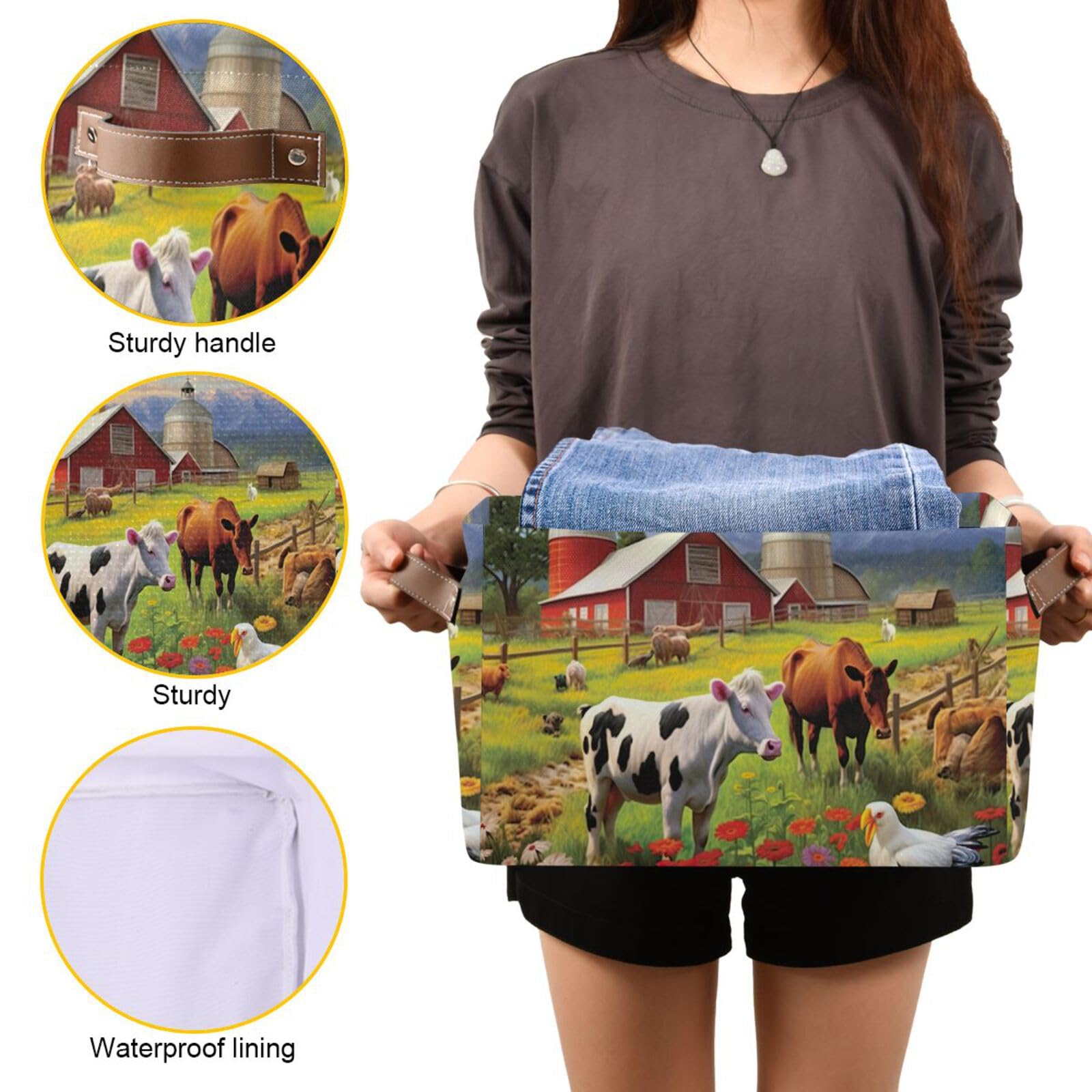 Farm Animals Storage Baskets - Foldable Canvas Fabric Organizer Box with Handles, 2 Pack - Perfect for Home, Office, Closet & Shelf Organization | Great for Toys, Clothes & Decorative Storage