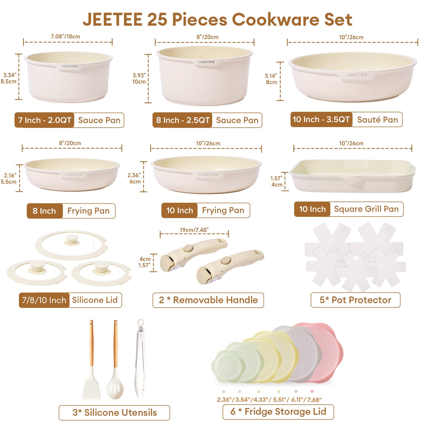 **JEETEE 25-Piece Non-Stick Cookware Set with Removable Handles – Induction Compatible, Oven & RV Safe, PFOA-Free (Beige) – Perfect for Camping, Small Kitchens & RVs**