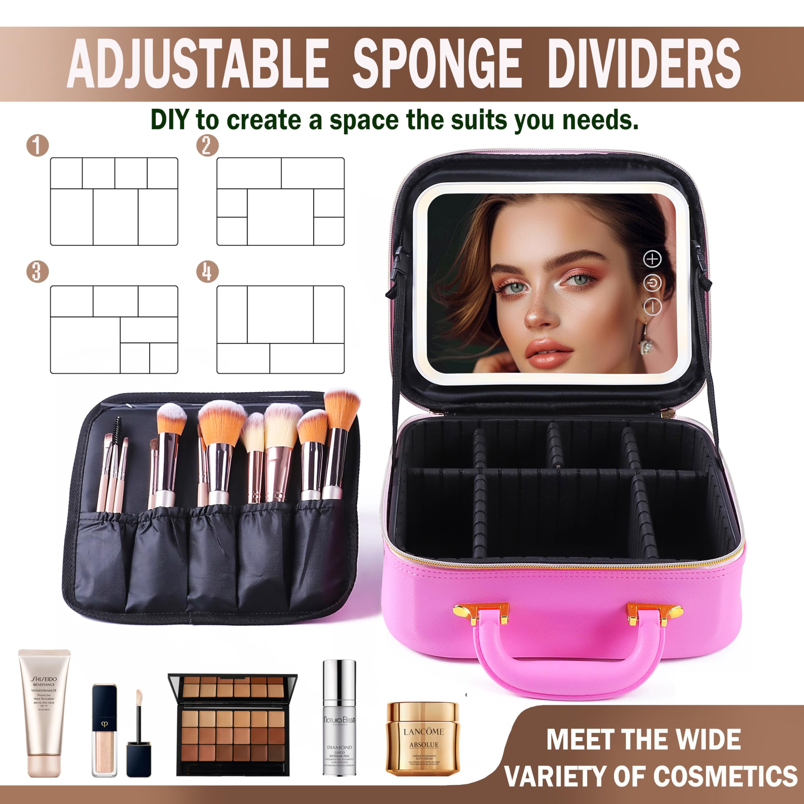 LED Makeup Bag with Mirror & Adjustable Brightness - Portable Waterproof Cosmetic Organizer with Handle & Dividers - Perfect Travel Makeup Case for Women - Great Gift for Brides, Makeup Artists & Beauty Lovers