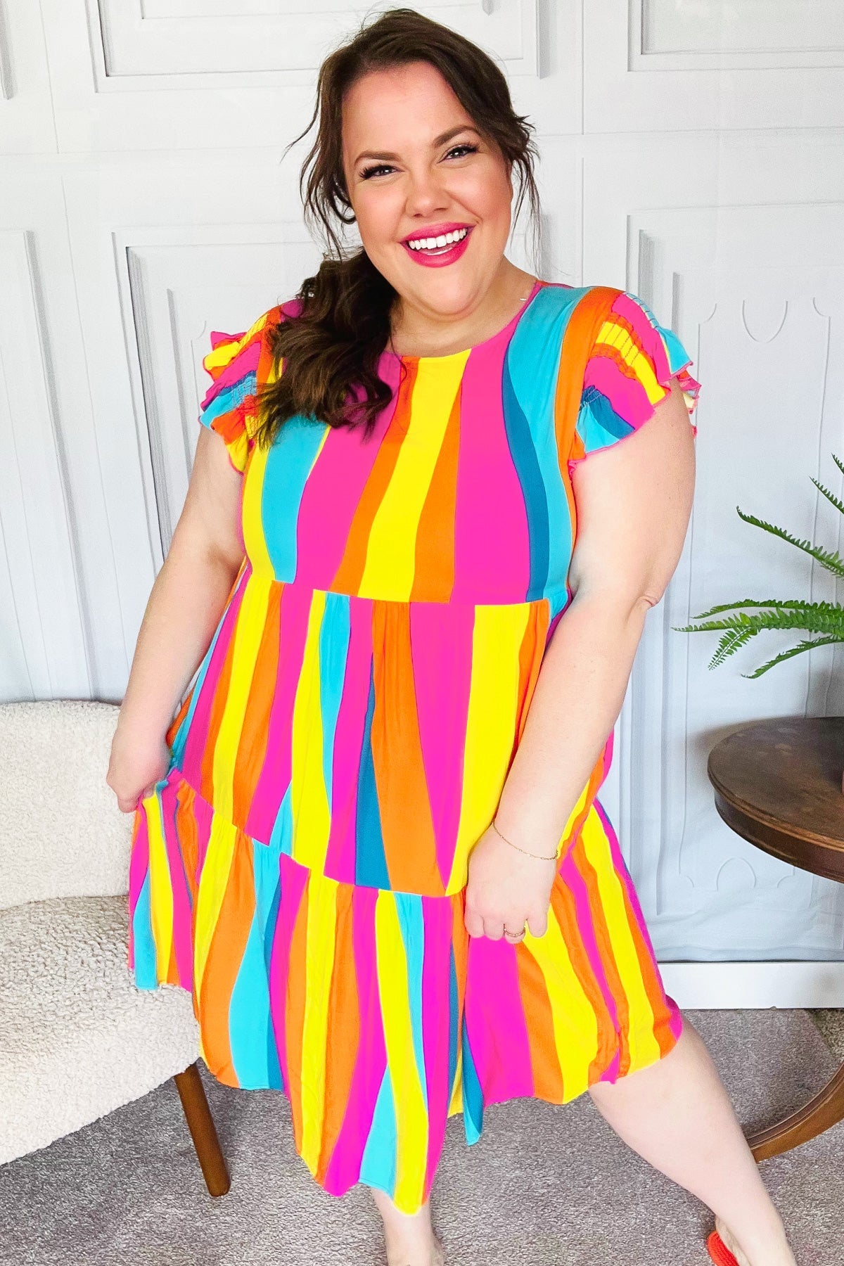 Eyes On You Multicolor Abstract Print Smocked Ruffle Sleeve Dress for Women | Flowy Summer Dress for Beach, Party & Date Night