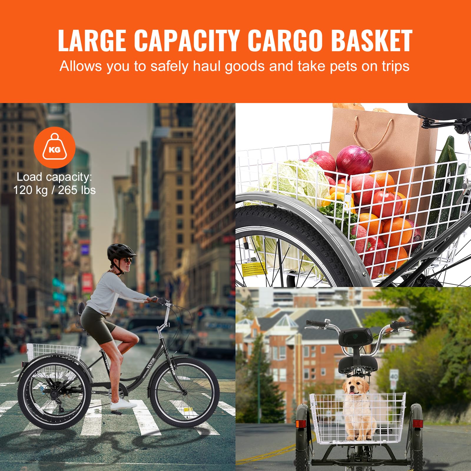 VEVOR Adult Tricycle 3-Wheel Bike for Seniors & Adults - Comfortable & Stable Ride for Exercise, Shopping & Leisure - 24/26 Inch Wheels, Adjustable Seat, Rear Basket Included