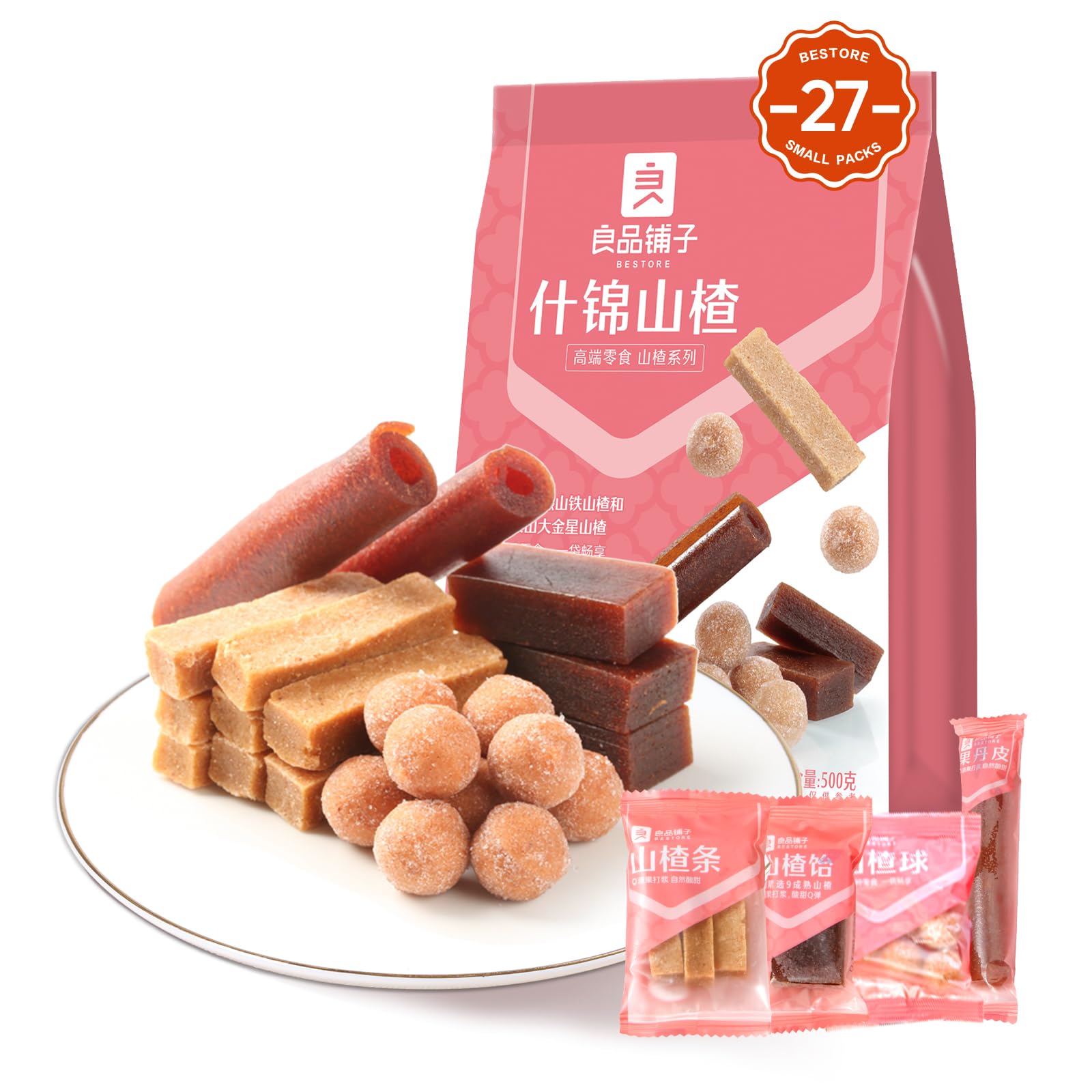 Bestore Hawthorn Candy - Chinese Snacks Mixed Haw Flake Rolls, Balls & Strips - 17.63oz Fruit Snacks for Kids Lunch, Office Snacks & Healthy Dessert