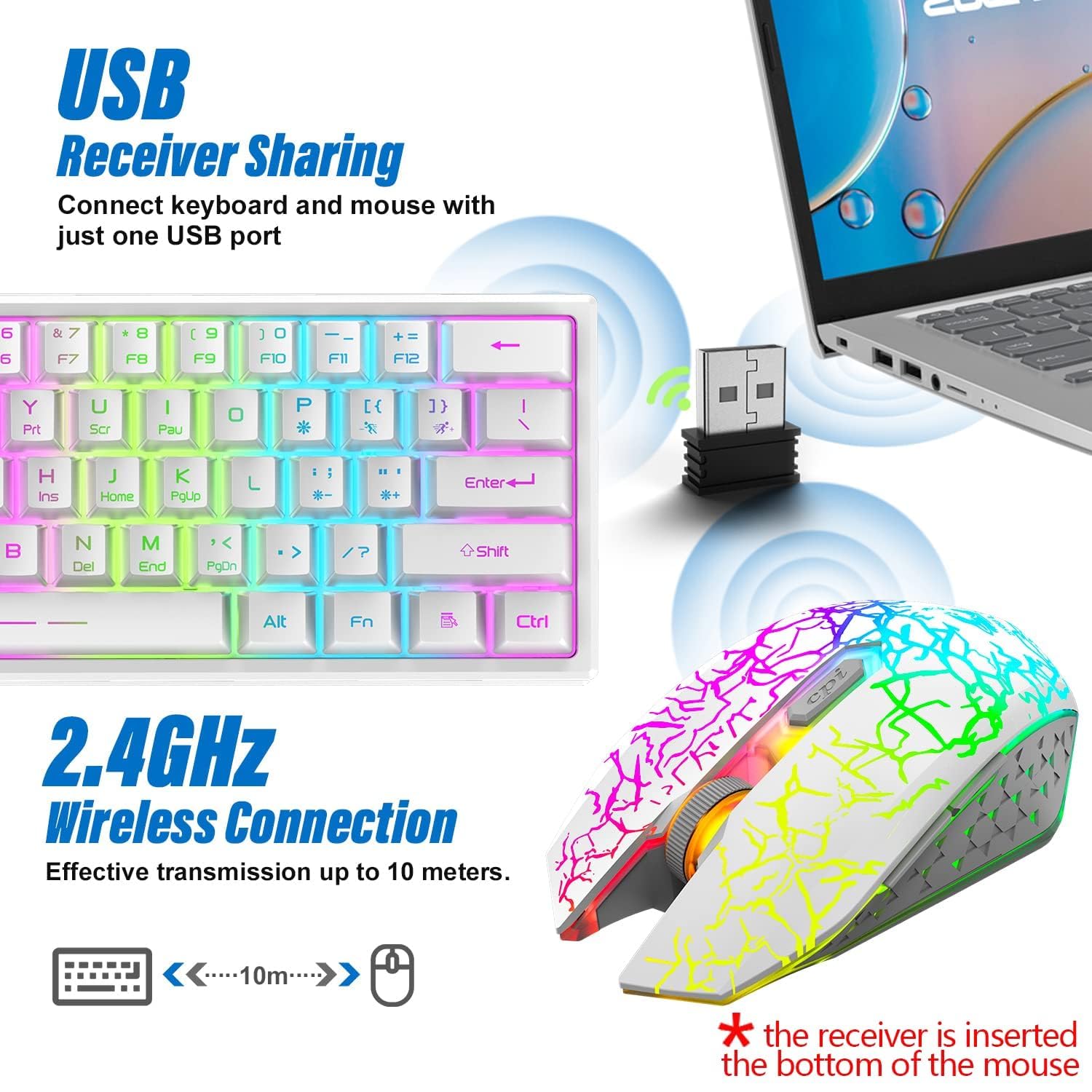 60% Compact Wireless Gaming Keyboard and Mouse Set with RGB Rainbow Backlight, 3800mAh Type-C Rechargeable, Mechanical Feel, Green Mouse Pad - Perfect for PC, Laptop, PS4 Gaming (White)