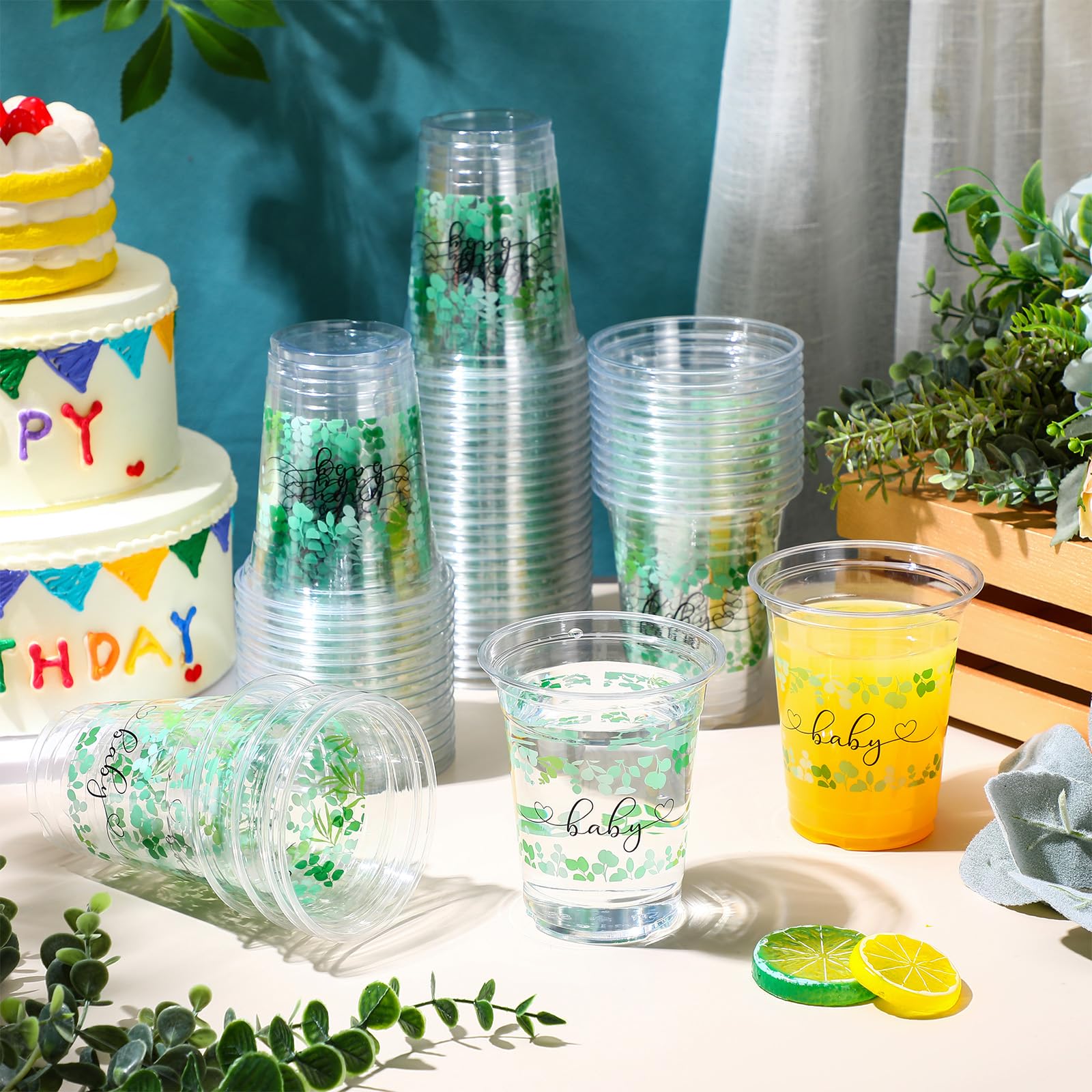 60 Pack Sage Green Disposable Plastic Cups 12 oz - Eucalyptus Baby Shower Cups, Clear Party Cups for Birthday, Boho Theme, Wedding & Holiday Celebrations - Perfect for Baby Showers, Bridal Showers, and Outdoor Events