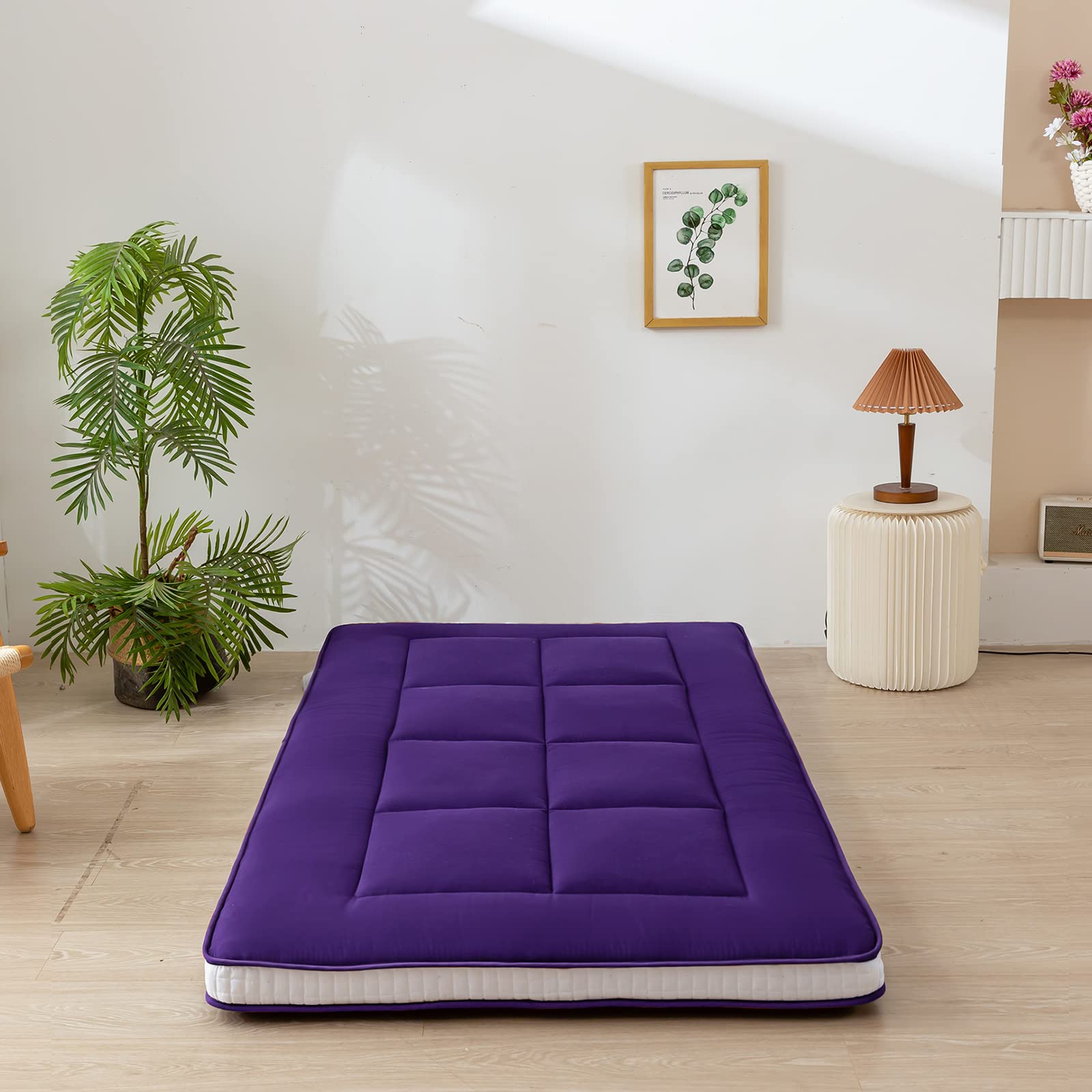 MAXYOYO Twin Bed Mattress - Japanese Floor Futon Mattress for Camping & Home Use | Foldable Portable Twin Mattress Pad Topper | Purple Single Floor Bed | Perfect for Guest Rooms, Dorms, Camping & Small Spaces