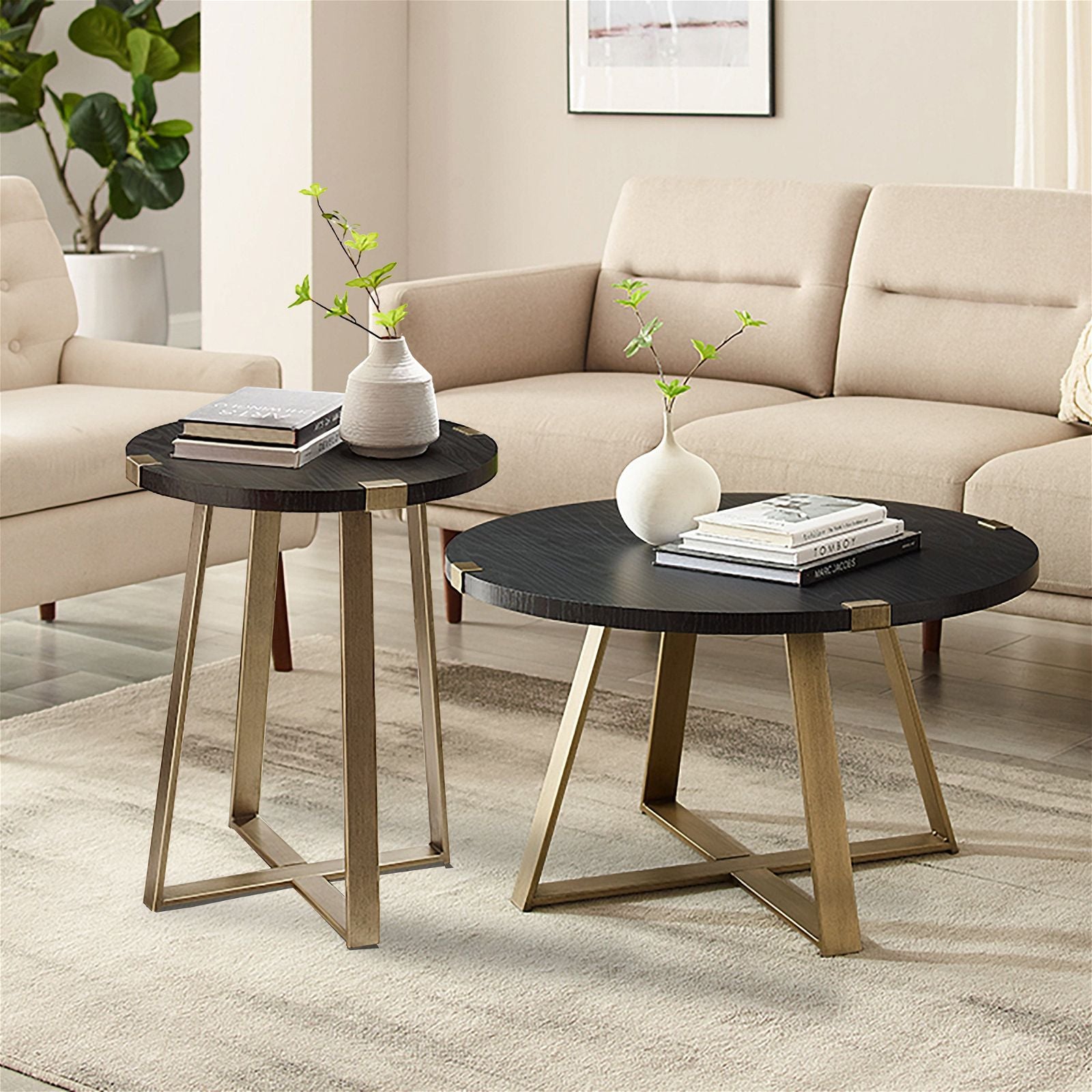 Modern Capri Round End Table - Black Oak & Gold Finish by Criterion | Stylish Side Table for Living Room, Bedroom or Office Decor