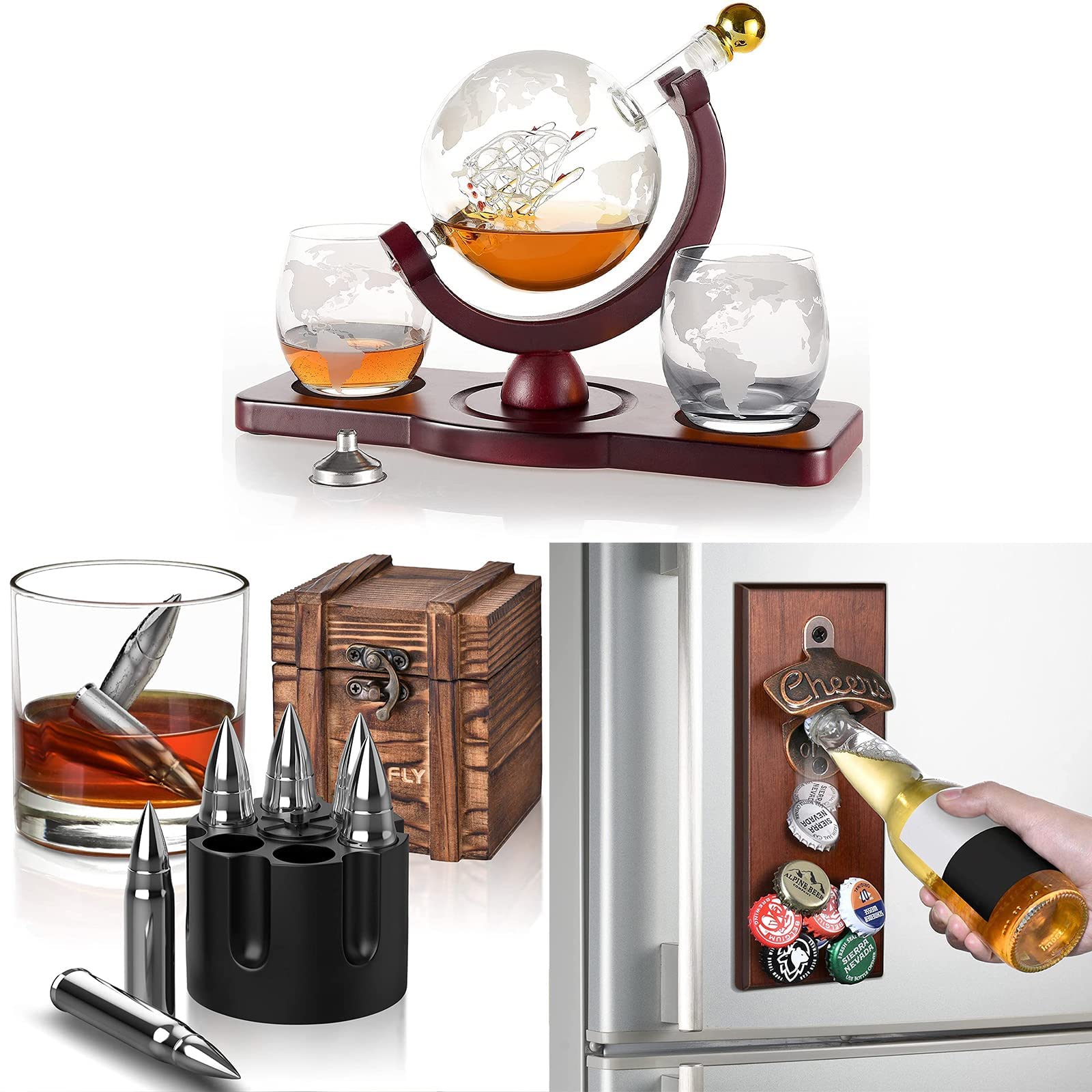 Premium Whiskey Decanter Set with 2 Etched Globe Glasses, Whiskey Stones & Magnetic Wall Mount Bottle Opener - Unique Gifts for Men, Christmas Stocking Stuffers for Dad, Cool Gadgets for Husband - Perfect for Home Bars, Man Caves & Whiskey Lovers