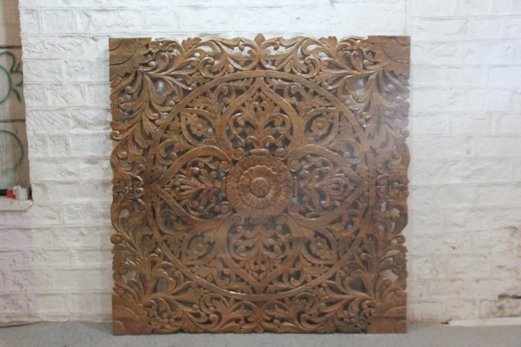 Handcrafted Dynasty Carved Wooden Wall Panel Headboard - Natural Solid Wood Queen Size Bed Headboard for Master Bedroom & Guest Room Decor