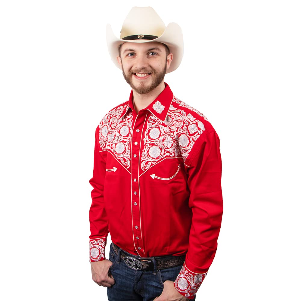 Western Express Men's Long Sleeve Snap Button Cowboy Shirt - Silver Roses & Floral Embroidery Western Shirt for Rodeo, Country Music Festivals & Casual Wear