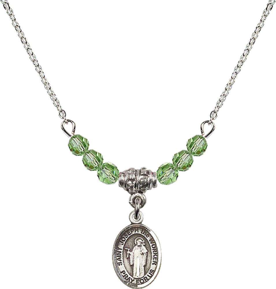 Bonyak Jewelry 18 Inch Rhodium Plated Necklace with 4mm Green August Birthstone Beads & Saint Joseph The Worker Charm - Perfect for Birthdays, Gifts & Religious Occasions
