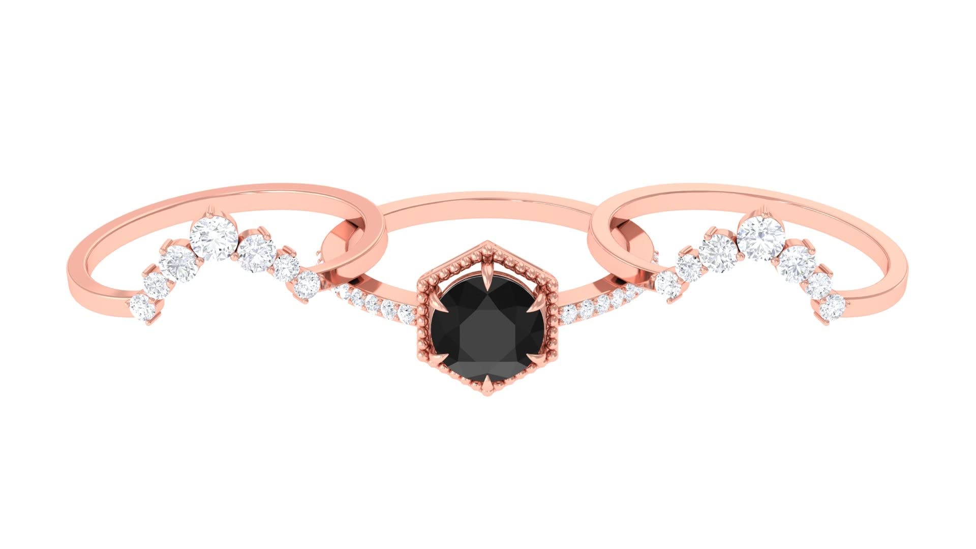 2.25 CT Black Spinel & Diamond Ring Set for Women - 14K Solid Gold Engagement Ring with 7mm Round Cut Black Spinel - Perfect for Weddings, Anniversaries & Special Occasions