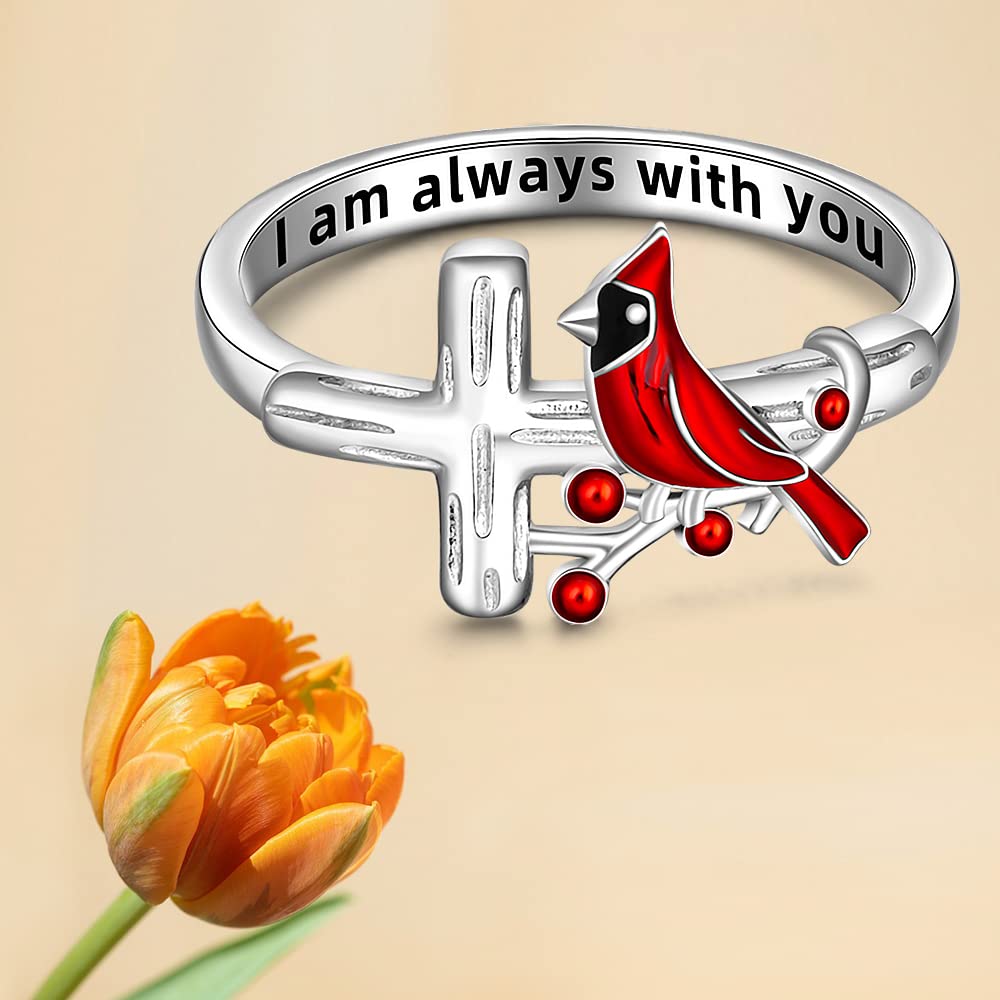 Red Cardinal Ring - Sterling Silver Angel Memorial Jewelry for Women | Spiritual Cross Ring in Sizes 6-10 | Perfect for Sympathy Gifts, Remembrance Jewelry & Spiritual Protection