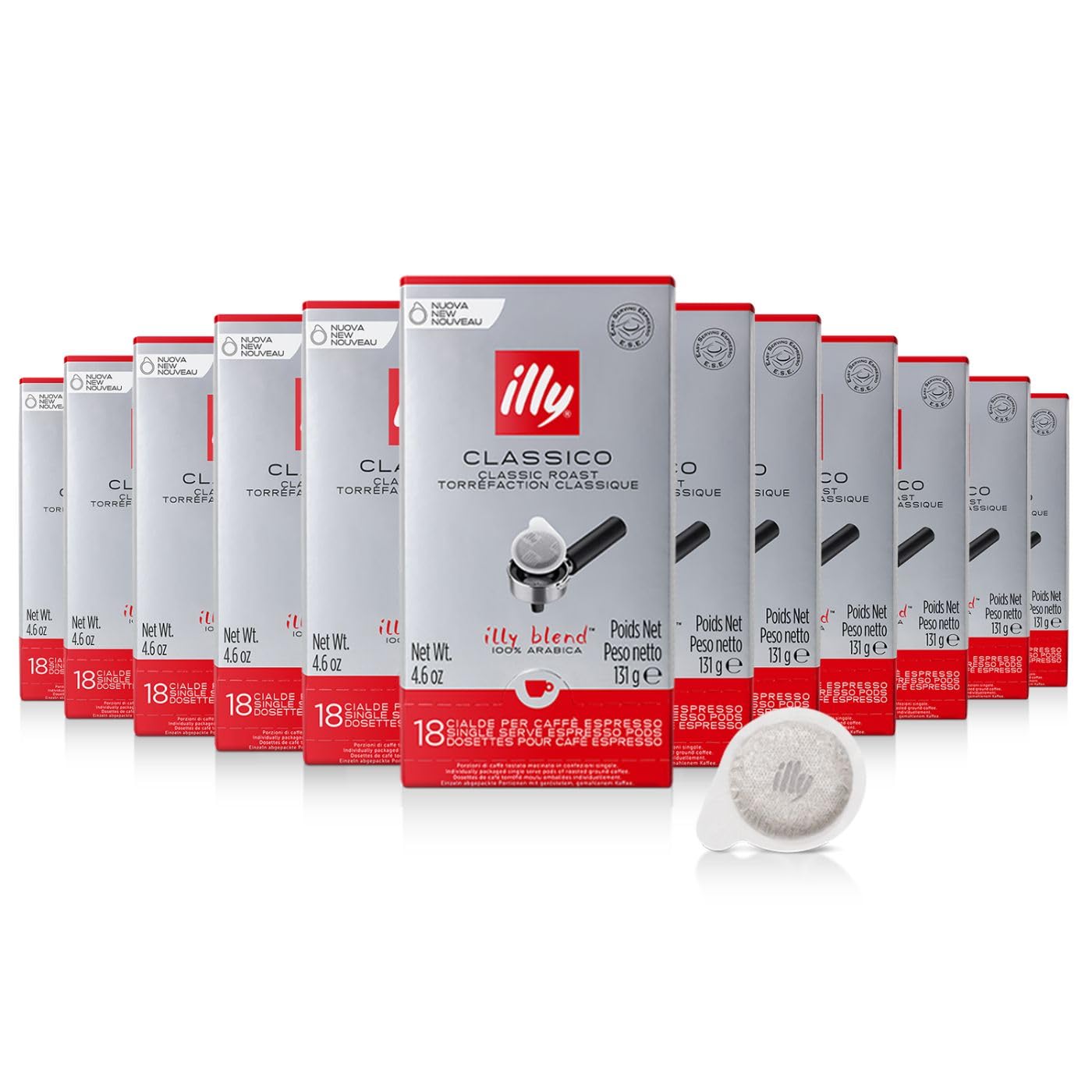 Illy E.S.E. Coffee Pods - Classico Medium Roast Single-Serve Capsules with Chocolate & Caramel Notes (18 Count, 12 Pack) - Compatible with E.S.E Coffee Machines - Perfect for Home, Office or Gifts - Rich Aroma & Full Body Espresso Experience