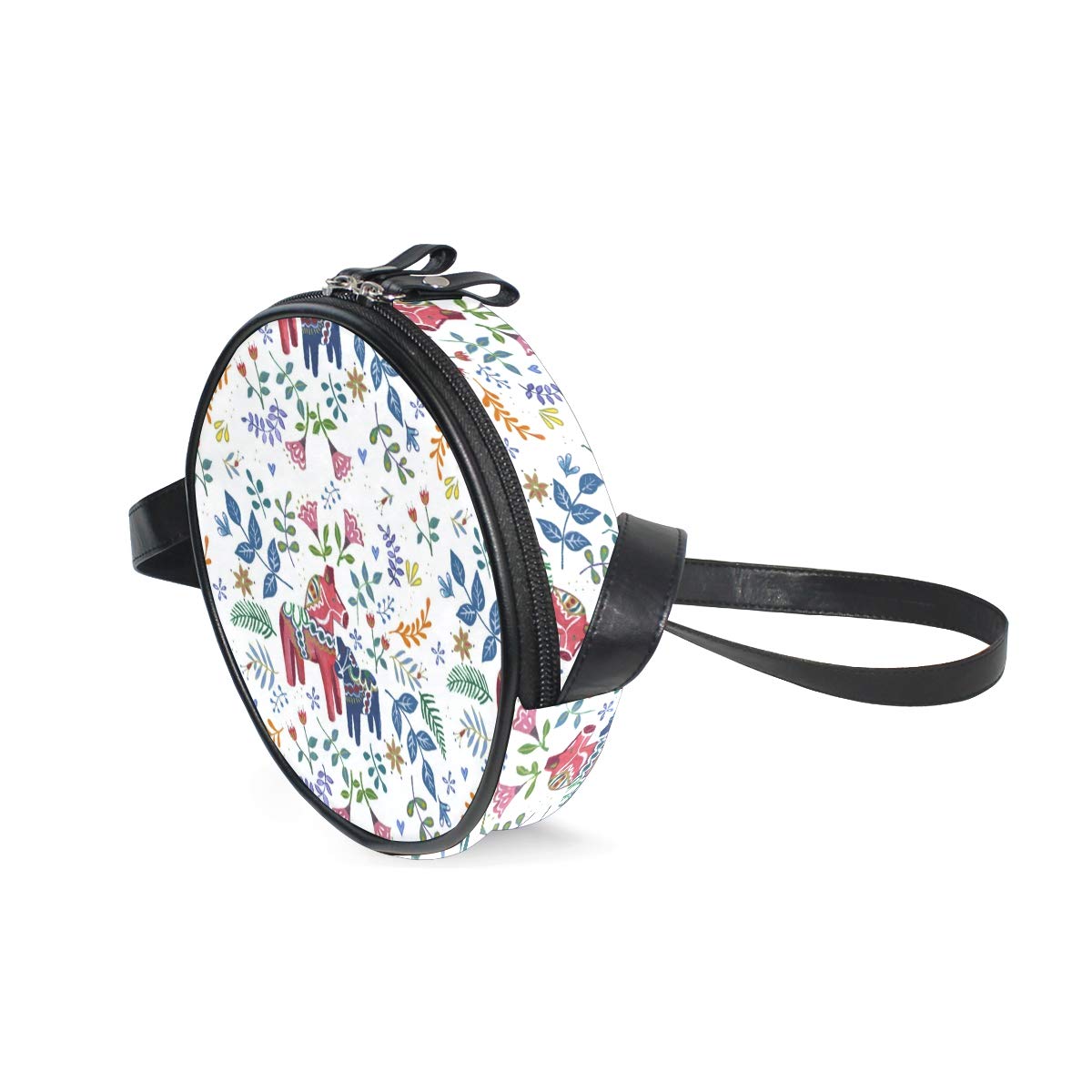 Vintage Swedish Dala Horse Print Round Crossbody Bag - Stylish Sling Purse for Women & Girls - Perfect for School, Travel, and Everyday Use