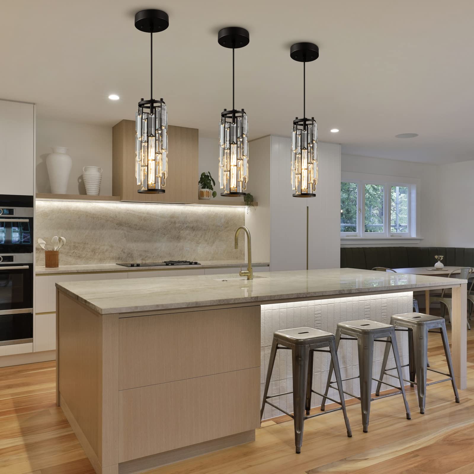 LMQNINE Modern Black Mini Crystal Chandelier Pendant Lights - 3 Pack, Elegant Hanging Lighting Fixture for Kitchen Island, Dining Room, Bedroom, Bathroom & Kitchen Sink - Perfect for Home Decor and Interior Design