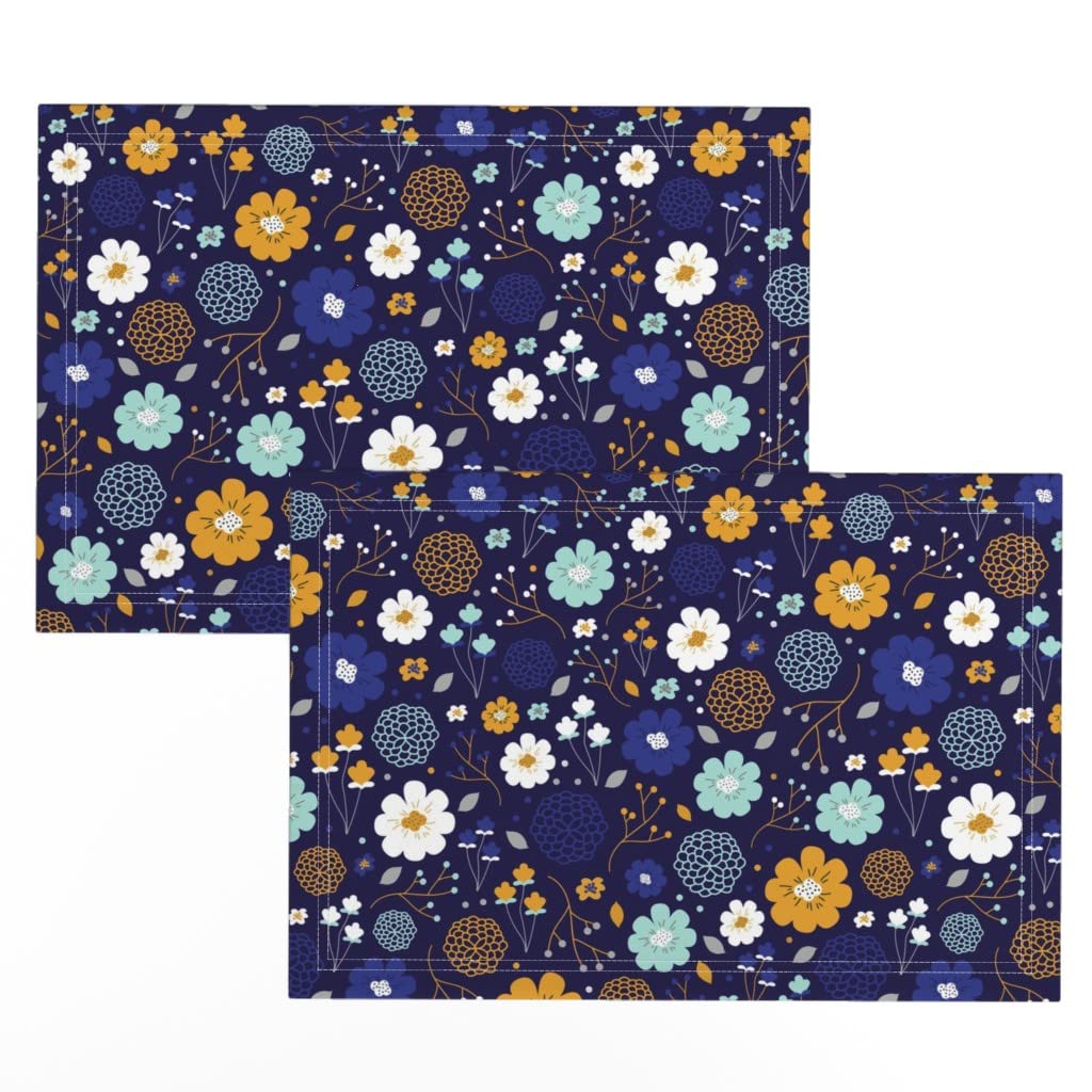 Premium Linen Cotton Canvas Placemats Set of 2 - Winter Floral Gold Blue Flowers Print Washable Table Mats for Dining Room Decor, Holiday Dinner Party & Home Entertaining