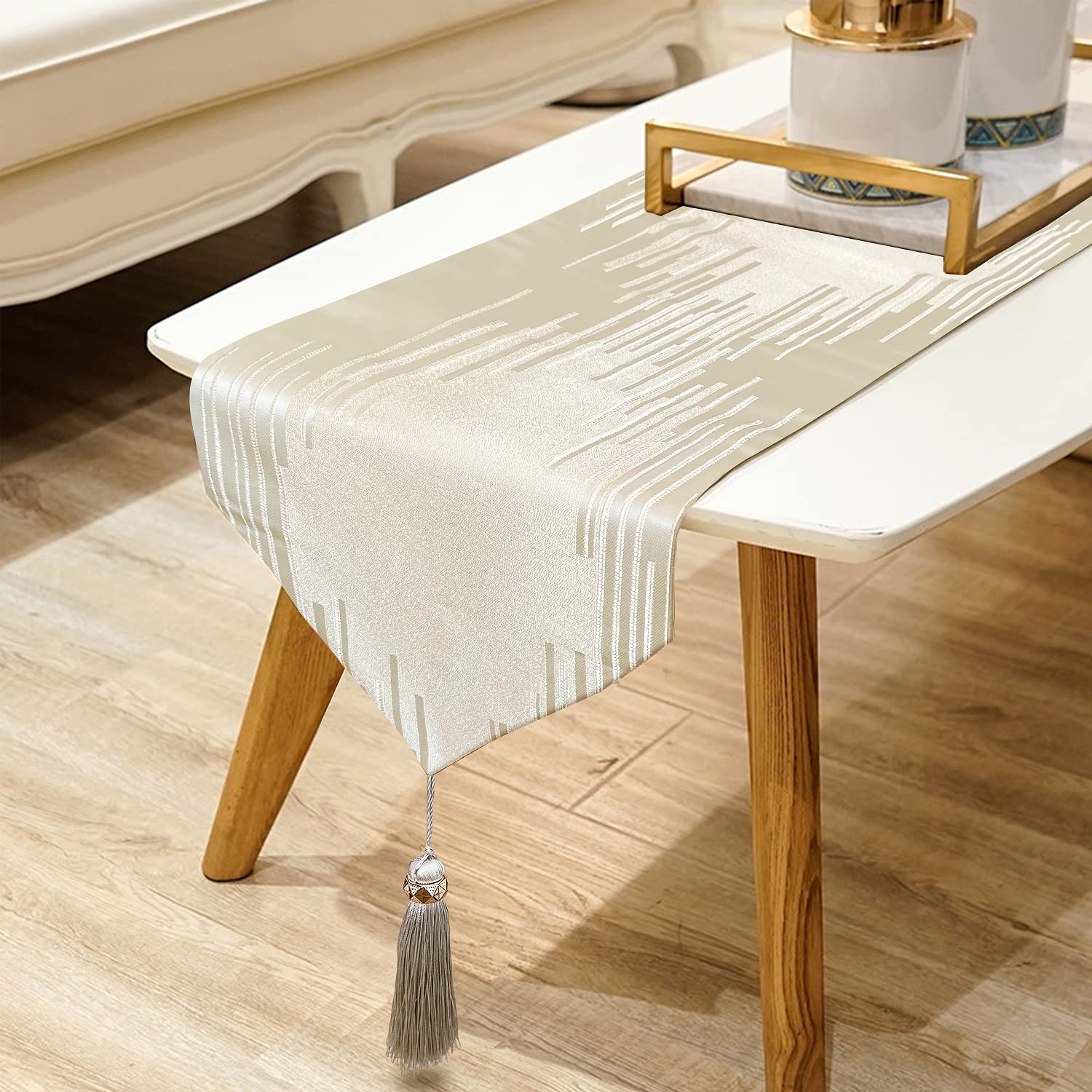 Jiino 72 Inch Beige Table Runner with Tassels - Modern Geometric Design for Coffee Tables, Dressers, Weddings & Holiday Parties - Elegant Home Decor for Dining Rooms, Events & Seasonal Celebrations